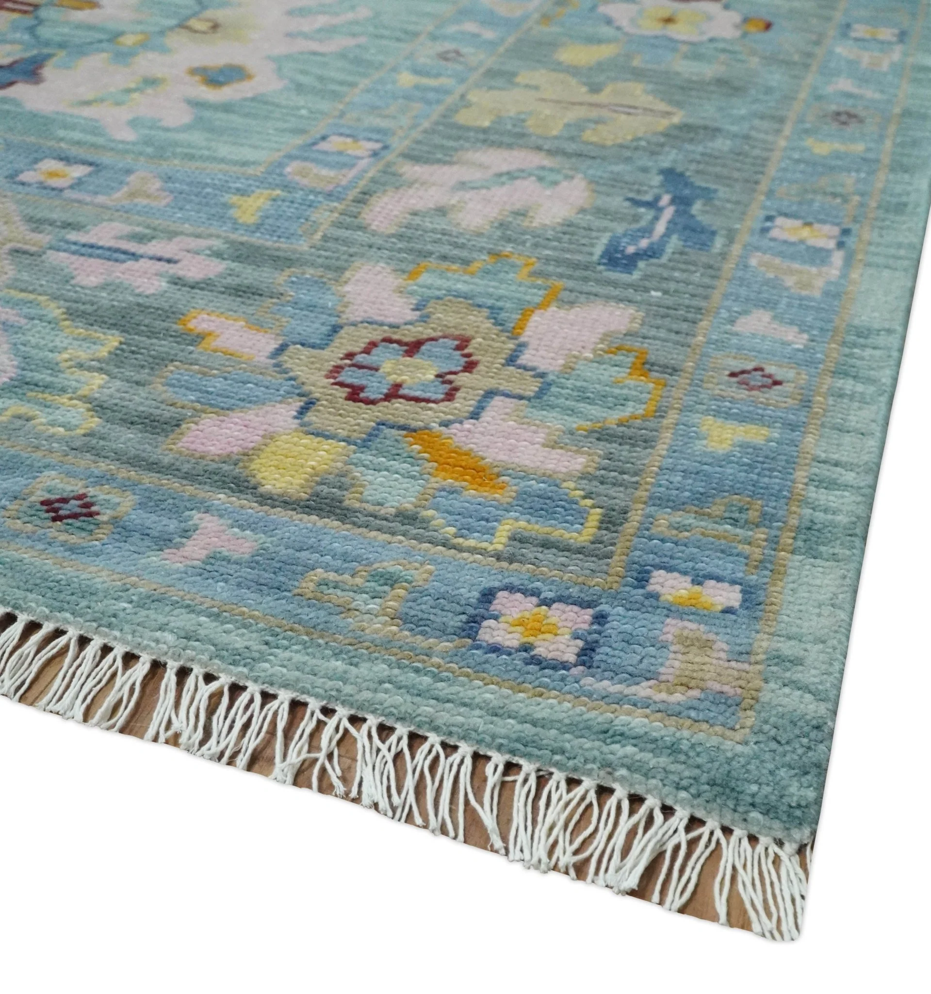 Aqua and Gray Vibrant colorful Hand knotted Oushak Multi Size Wool Area Rug - Image 5
