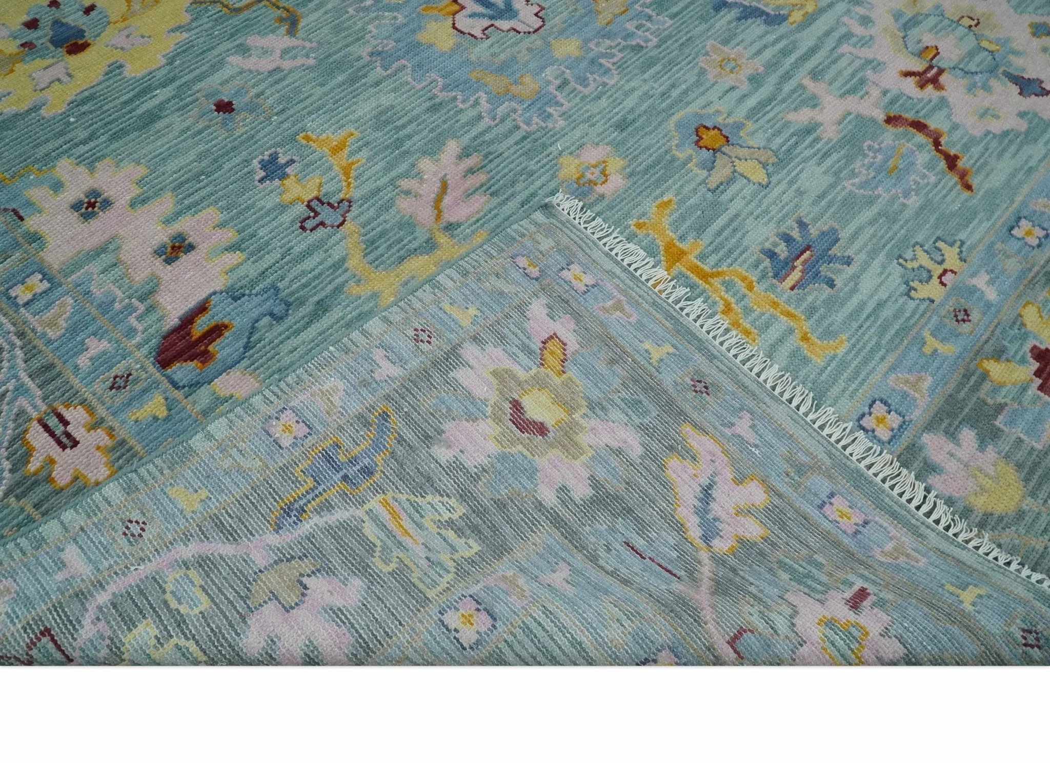 Aqua and Gray Vibrant colorful Hand knotted Oushak Multi Size Wool Area Rug - Image 6