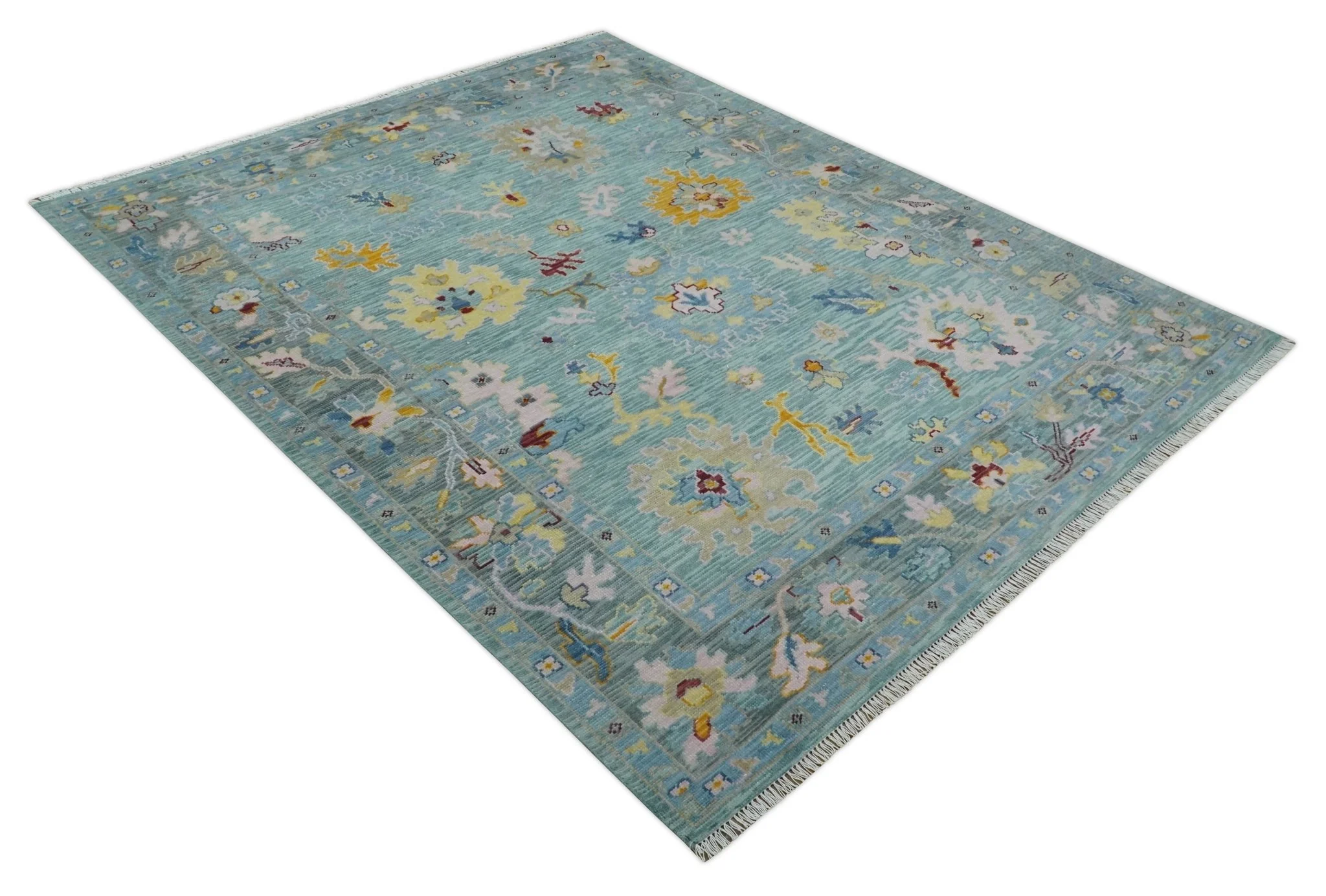Aqua and Gray Vibrant colorful Hand knotted Oushak Multi Size Wool Area Rug - Image 9