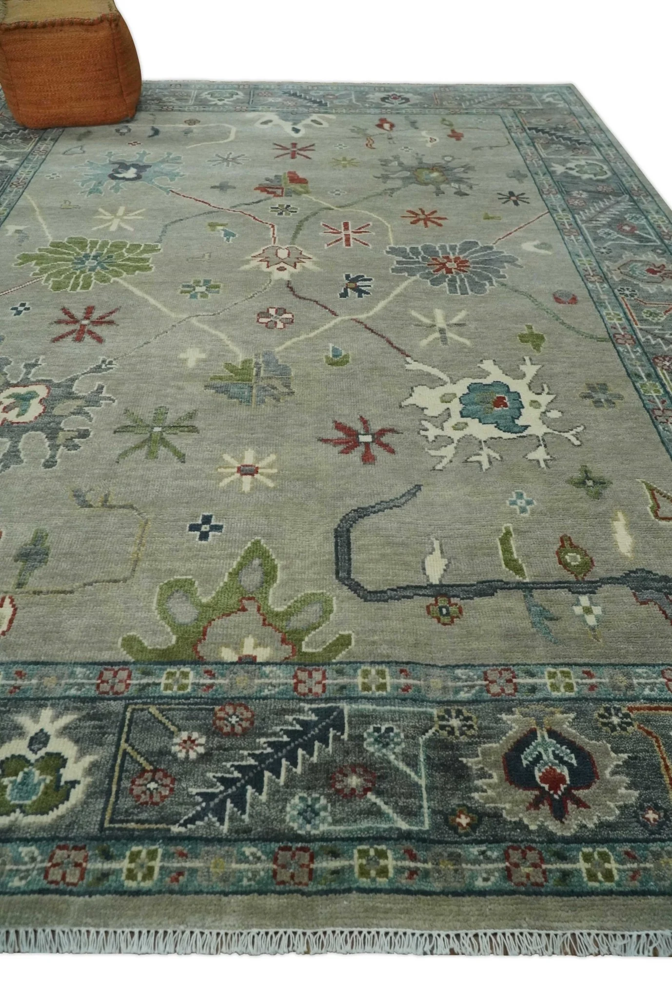 Custom Made Silver and Gray Oushak Hand Knotted Traditional Wool Rug - Image 3