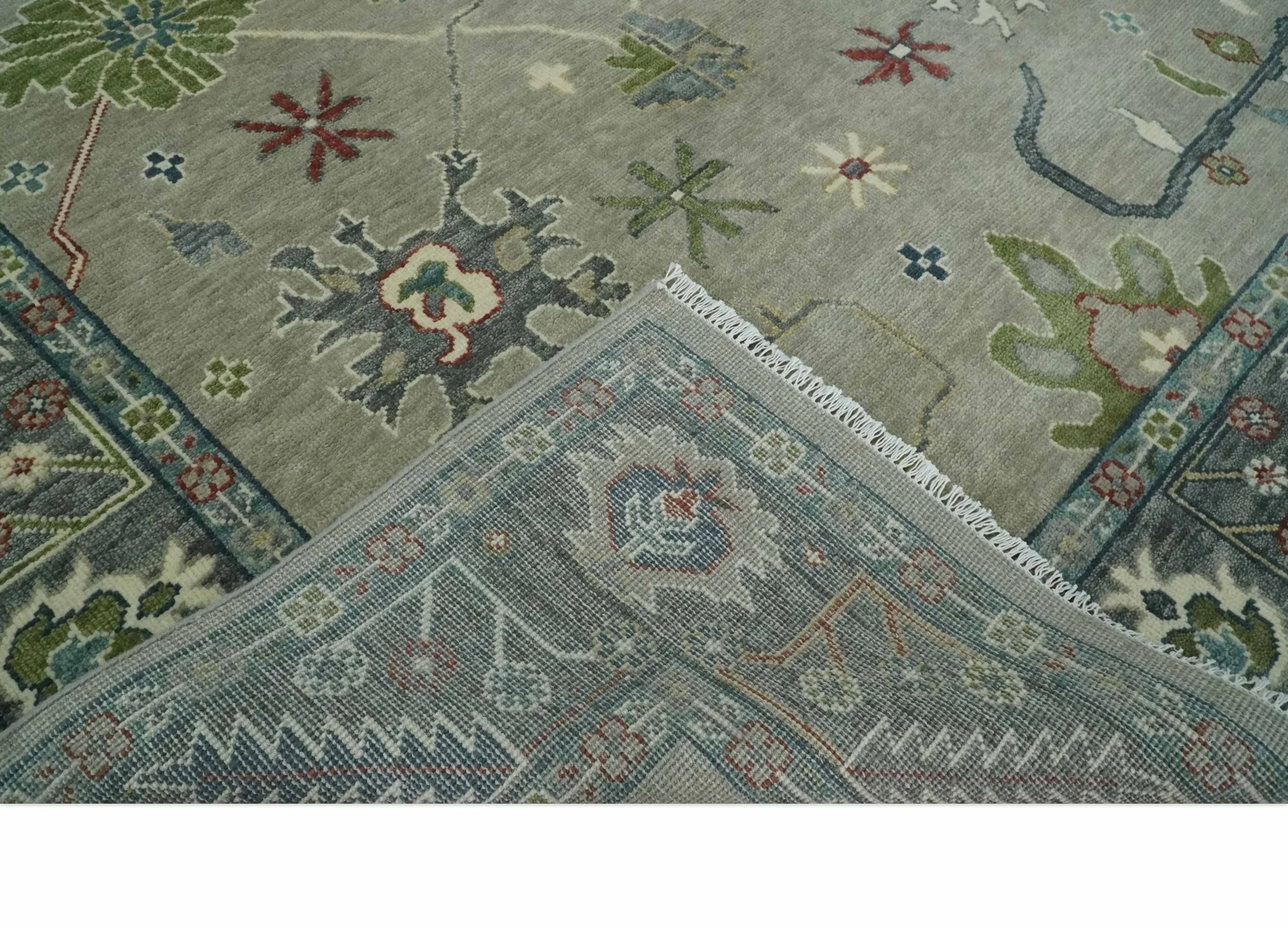 Custom Made Silver and Gray Oushak Hand Knotted Traditional Wool Rug - Image 7