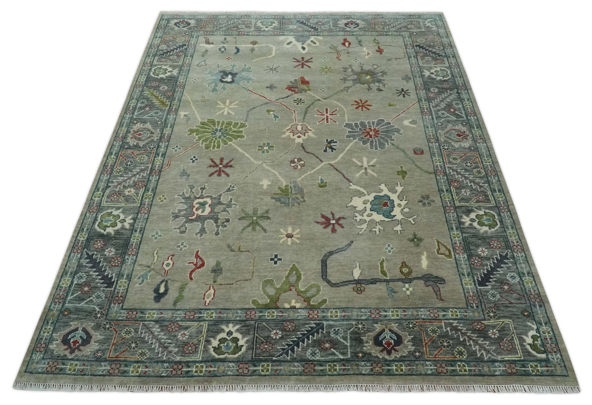 Custom Made Silver and Gray Oushak Hand Knotted Traditional Wool Rug - Image 9