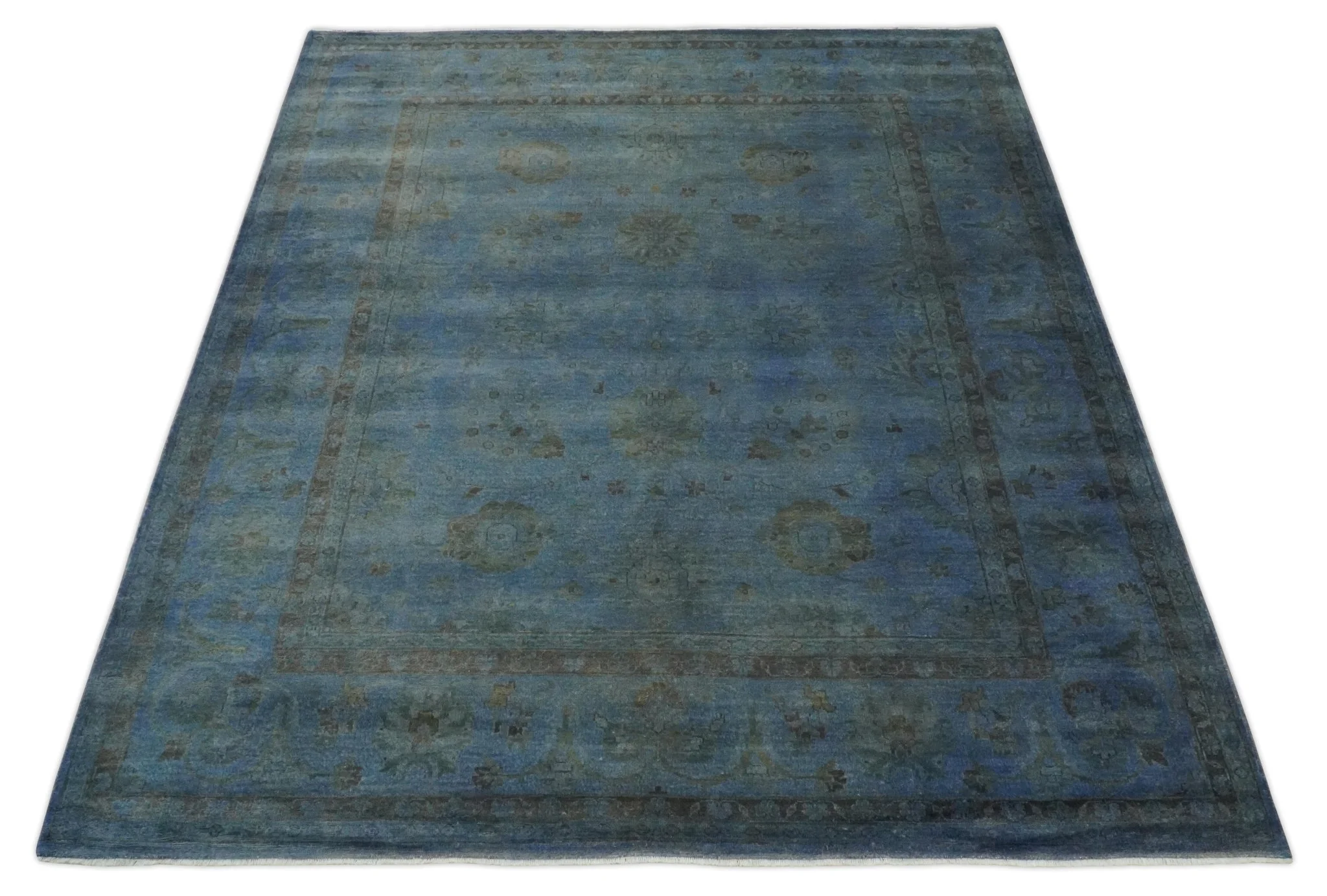 Overdyed Blue Hand Knotted 8x10 Traditional Antique Style Oushak Wool Accent Rug - Image 10