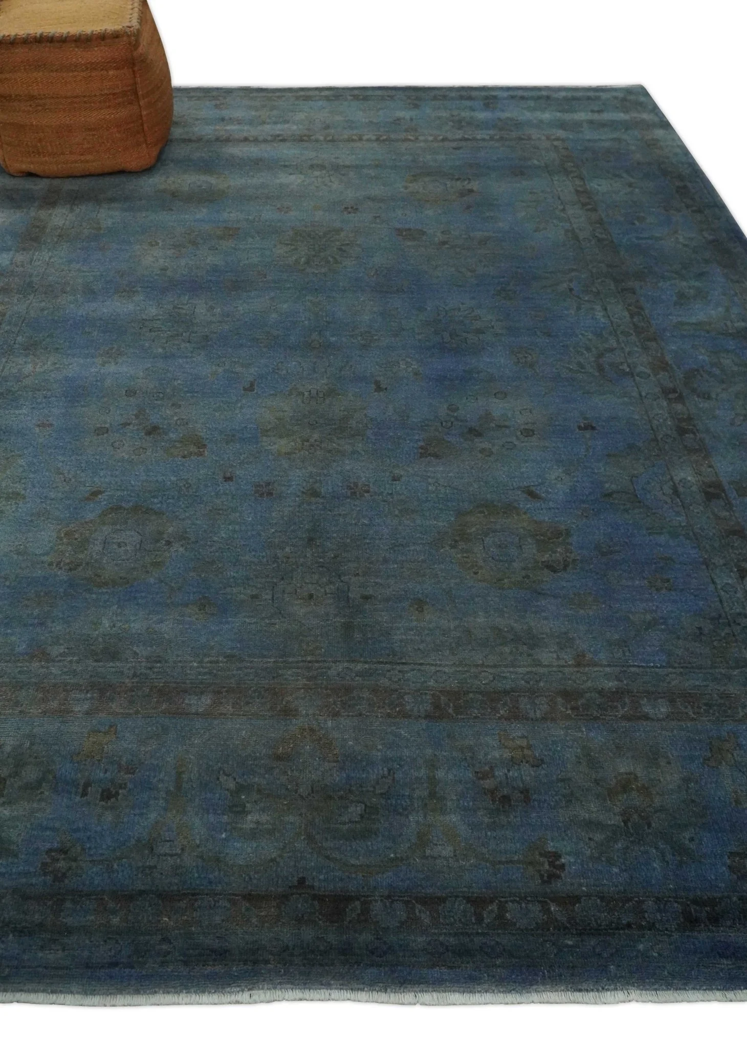 Overdyed Blue Hand Knotted 8x10 Traditional Antique Style Oushak Wool Accent Rug - Image 3