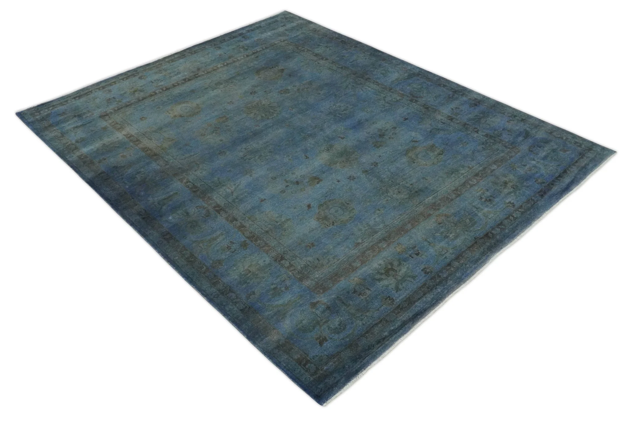 Overdyed Blue Hand Knotted 8x10 Traditional Antique Style Oushak Wool Accent Rug - Image 9
