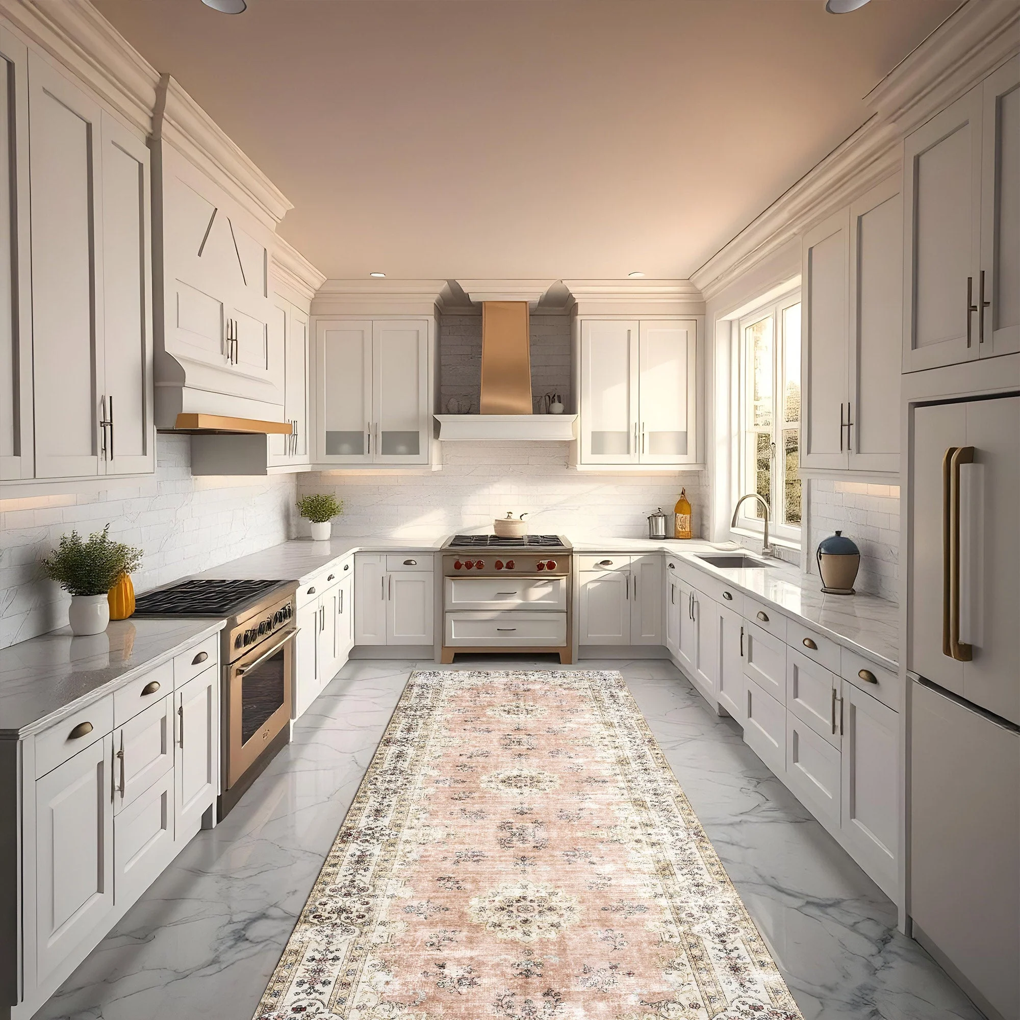 Peach And Beige Traditional Floral Machine Washable Area Rug - Image 5
