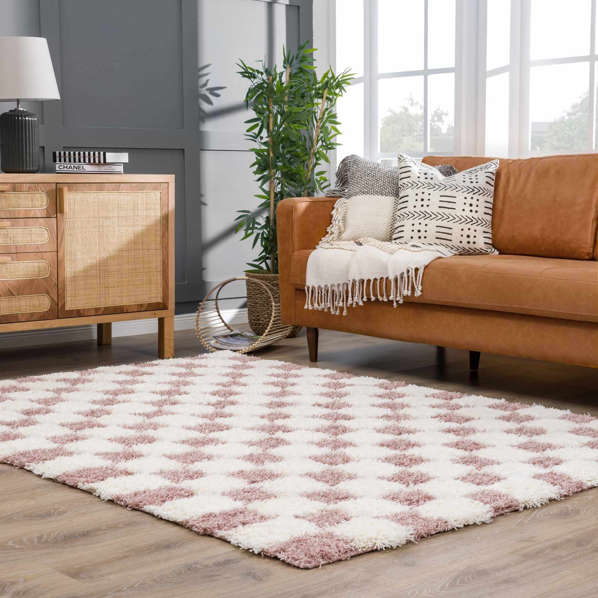 Peach and Ivory Modern Geometrical Checker Board Plush Pile Moroccan Style Area Rug - Image 15