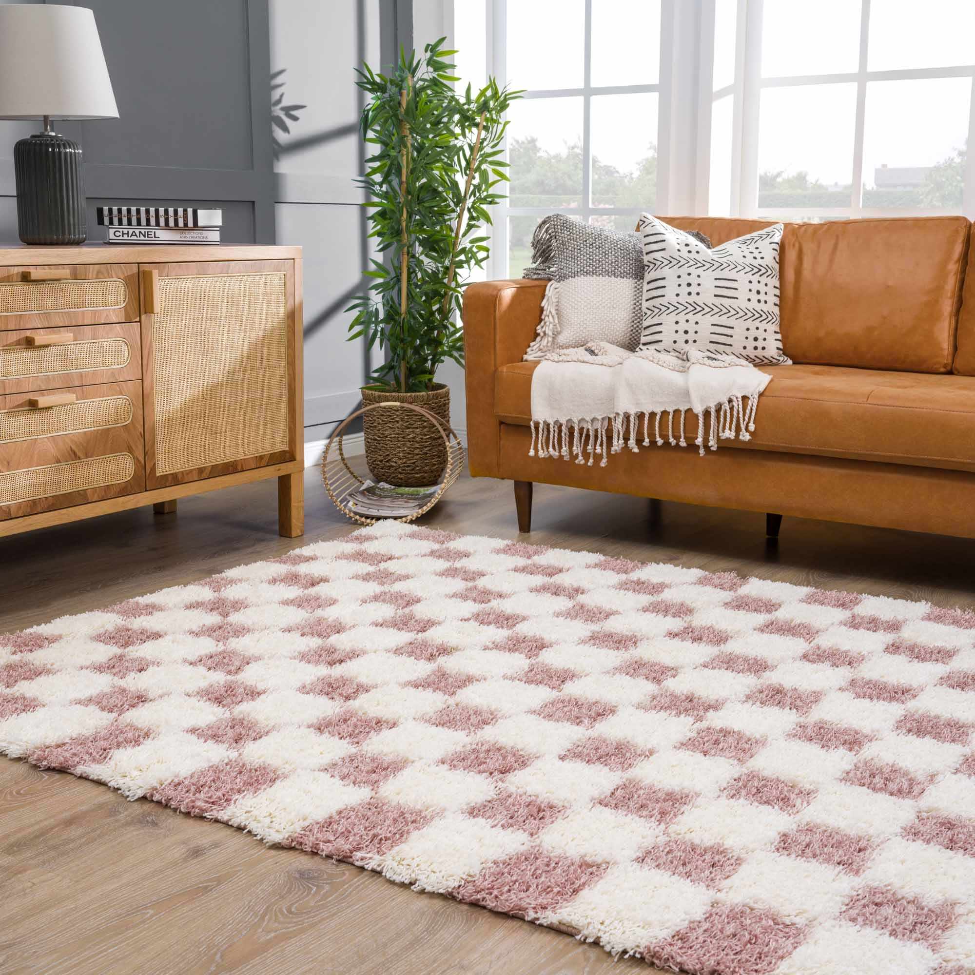 Peach and Ivory Modern Geometrical Checker Board Plush Pile Moroccan Style Area Rug - Image 16