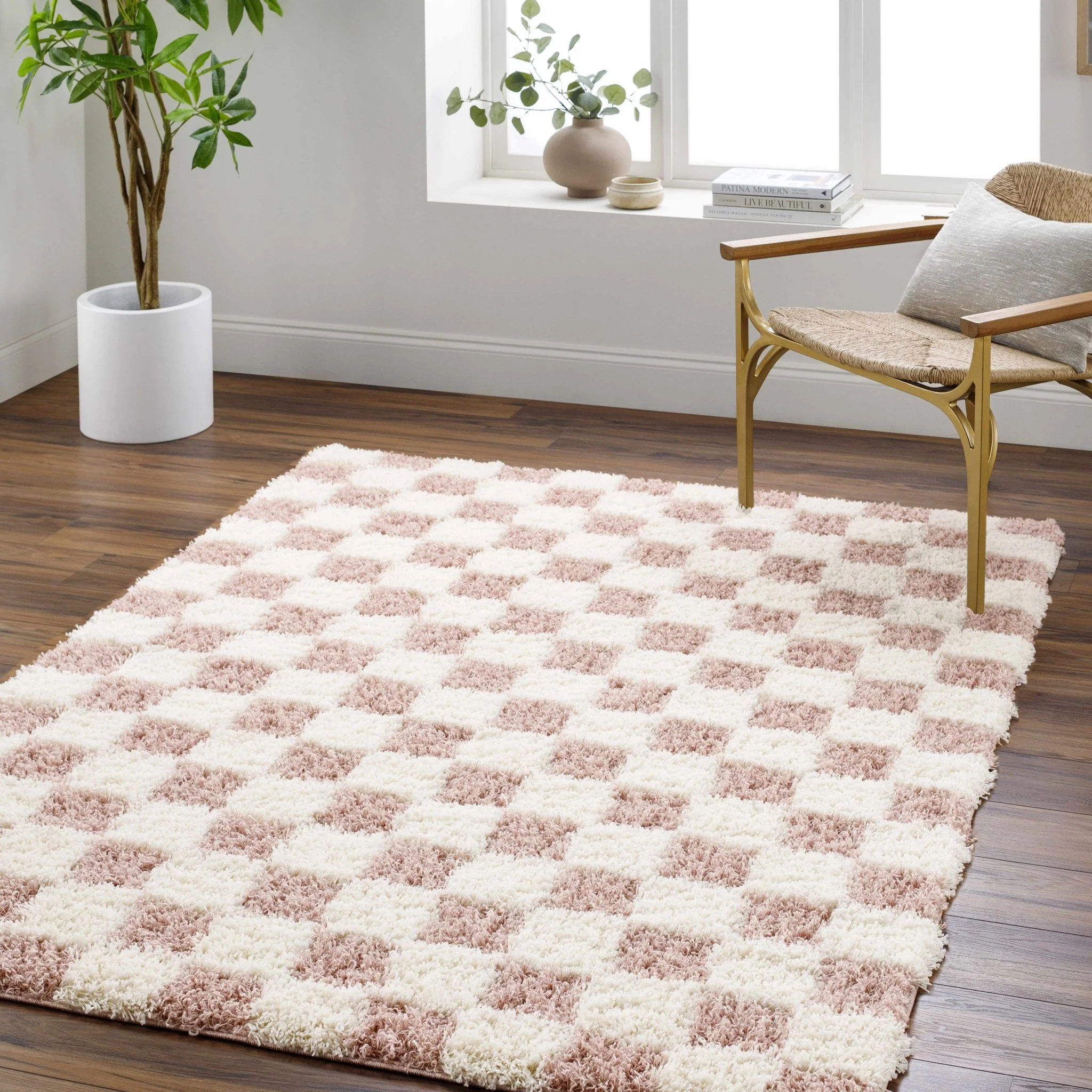 Peach and Ivory Modern Geometrical Checker Board Plush Pile Moroccan Style Area Rug - Image 18