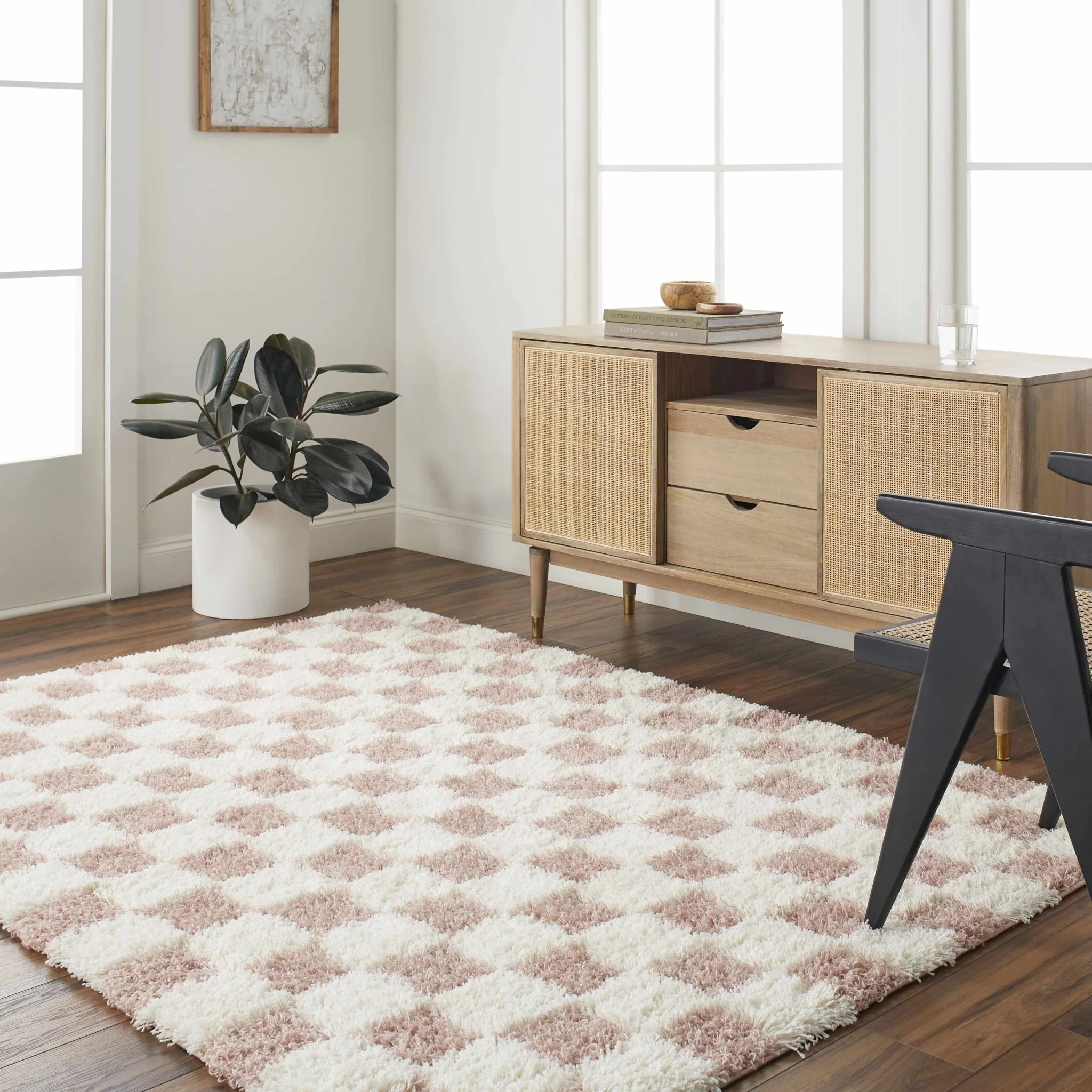 Peach and Ivory Modern Geometrical Checker Board Plush Pile Moroccan Style Area Rug - Image 19