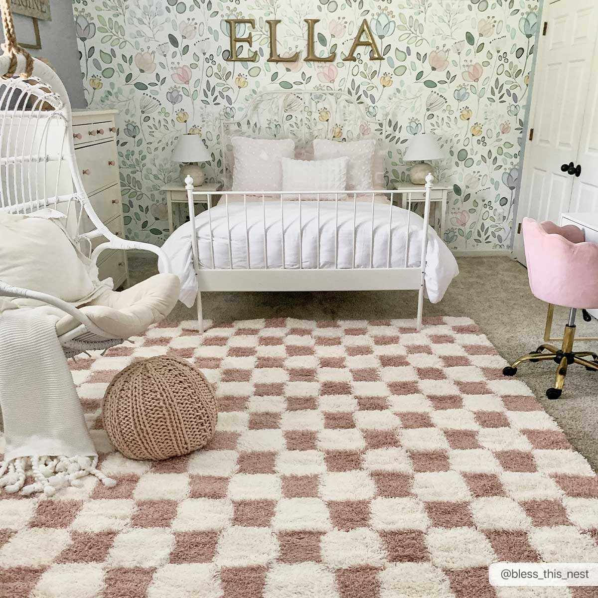Peach and Ivory Modern Geometrical Checker Board Plush Pile Moroccan Style Area Rug - Image 2