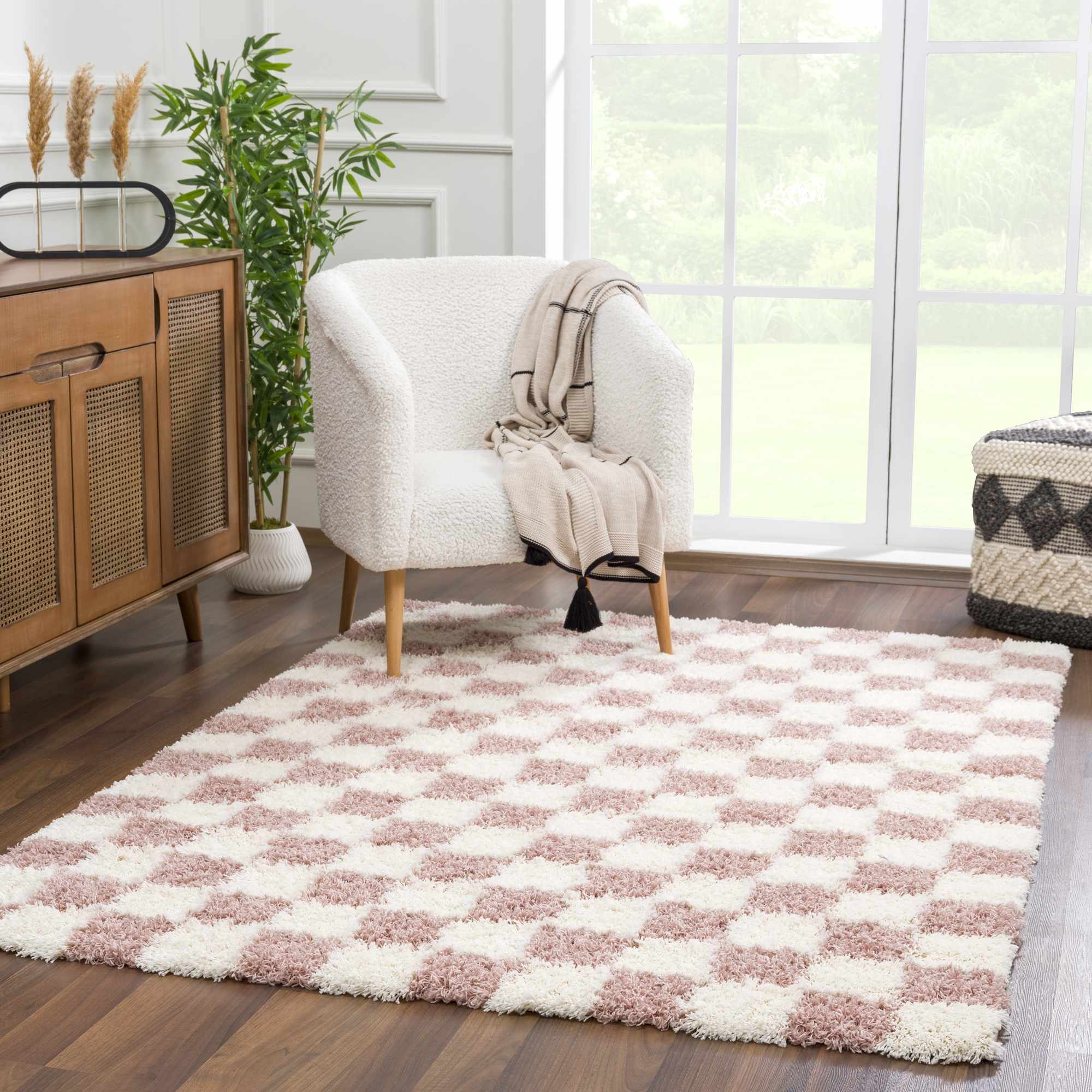 Peach and Ivory Modern Geometrical Checker Board Plush Pile Moroccan Style Area Rug - Image 5