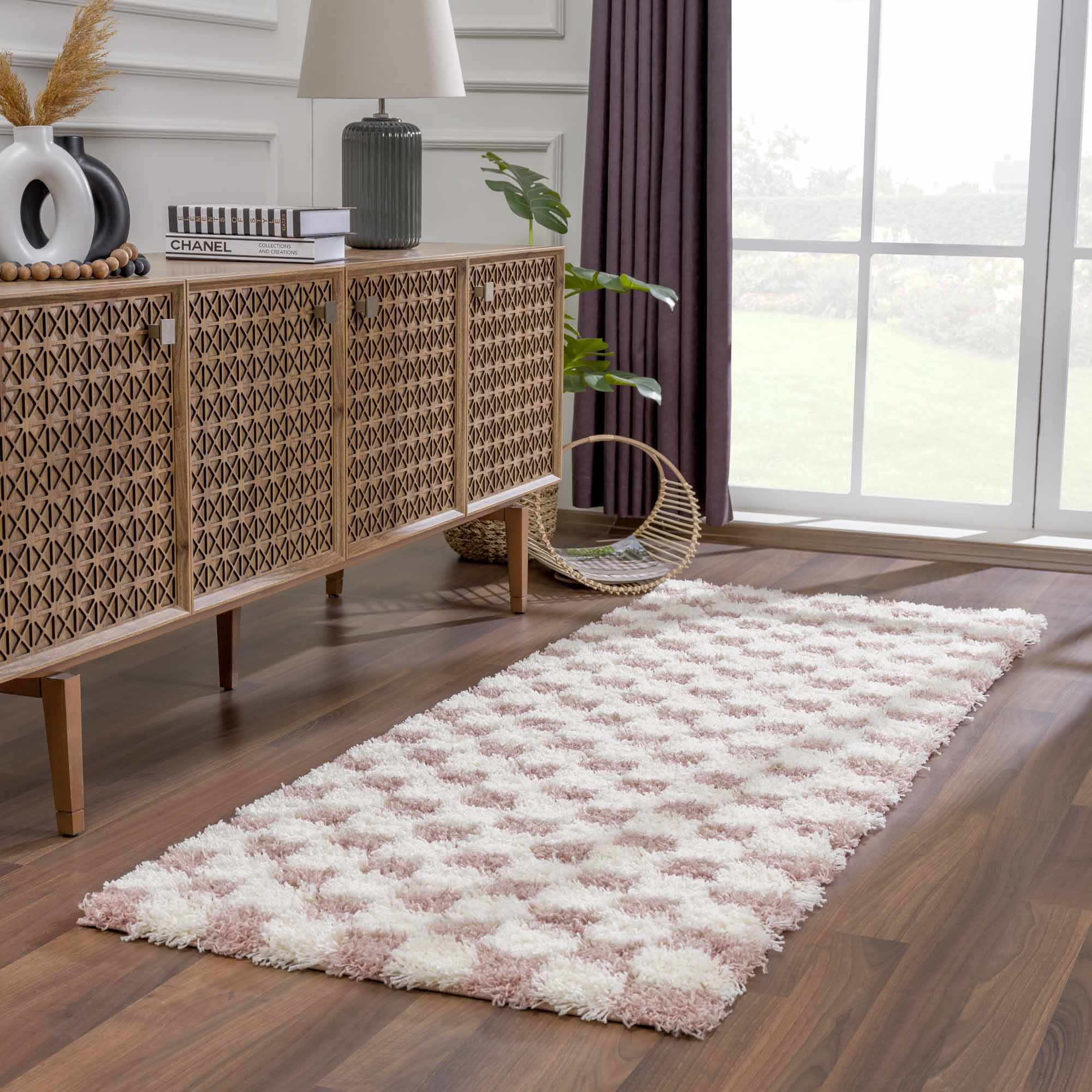 Peach and Ivory Modern Geometrical Checker Board Plush Pile Moroccan Style Area Rug - Image 6