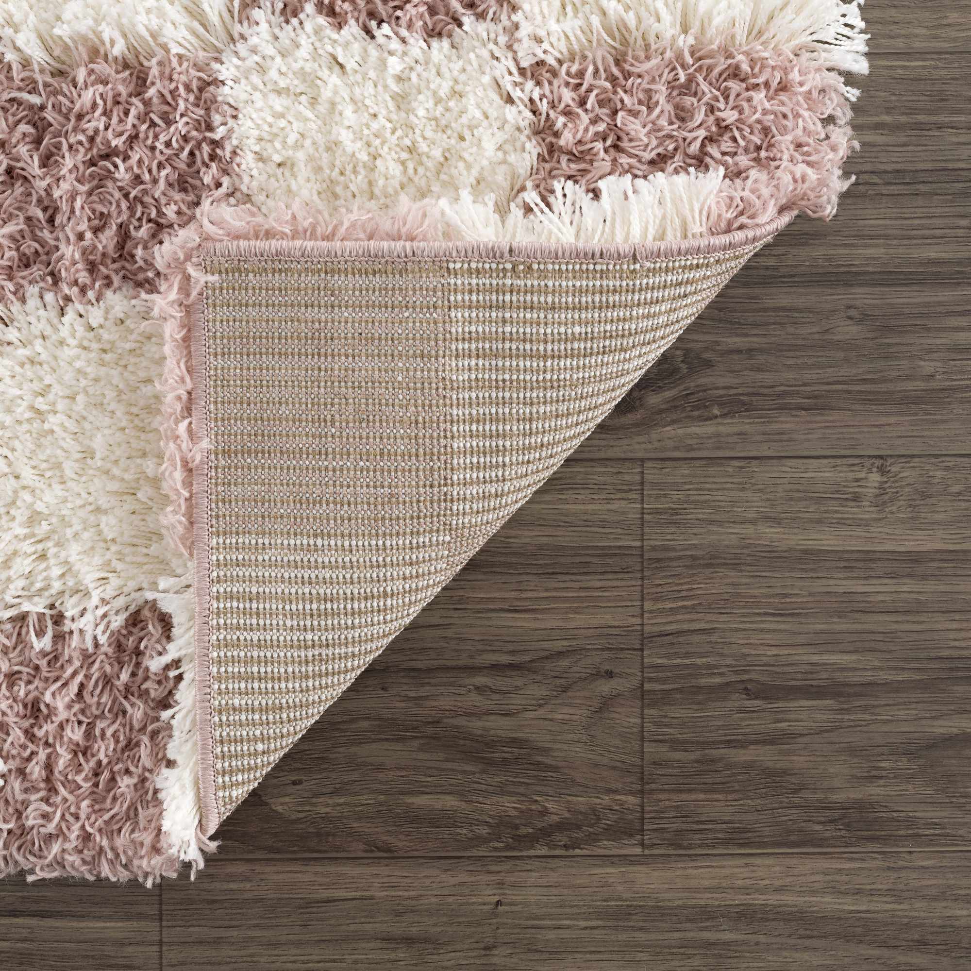 Peach and Ivory Modern Geometrical Checker Board Plush Pile Moroccan Style Area Rug - Image 8