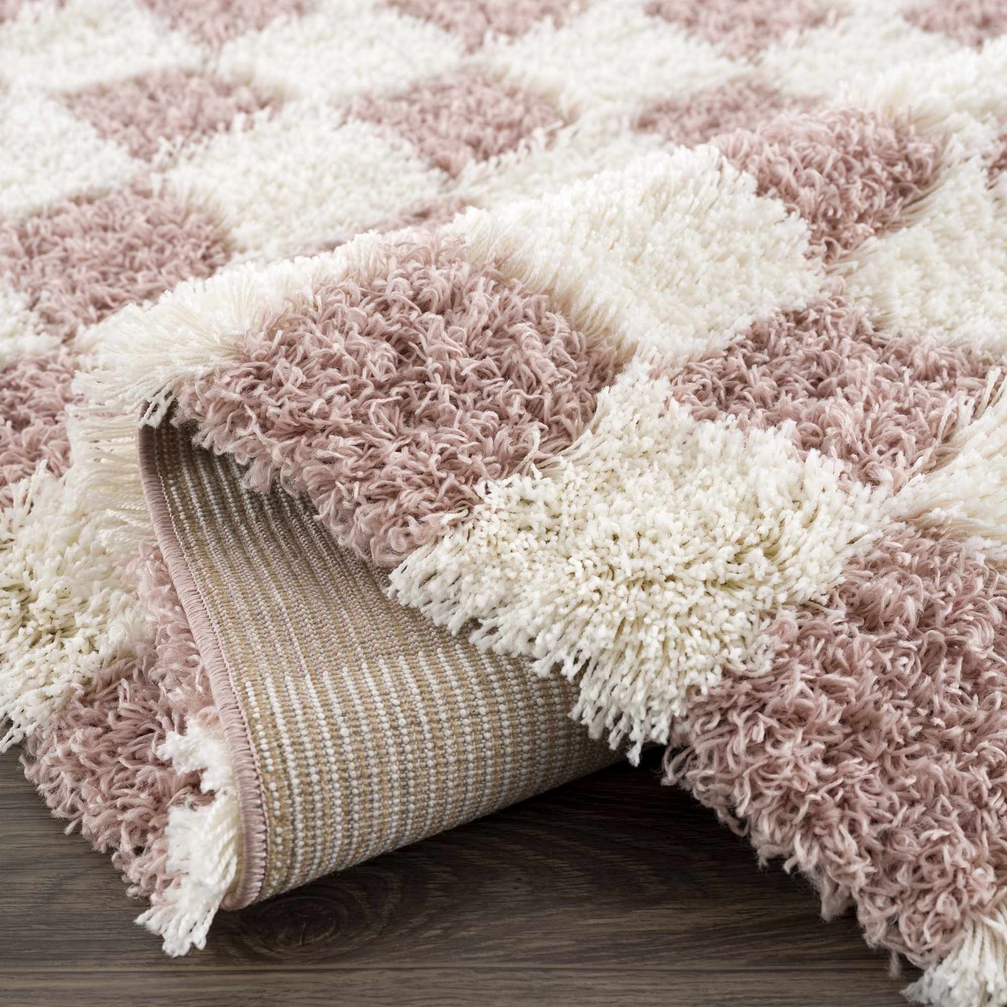 Peach and Ivory Modern Geometrical Checker Board Plush Pile Moroccan Style Area Rug - Image 9