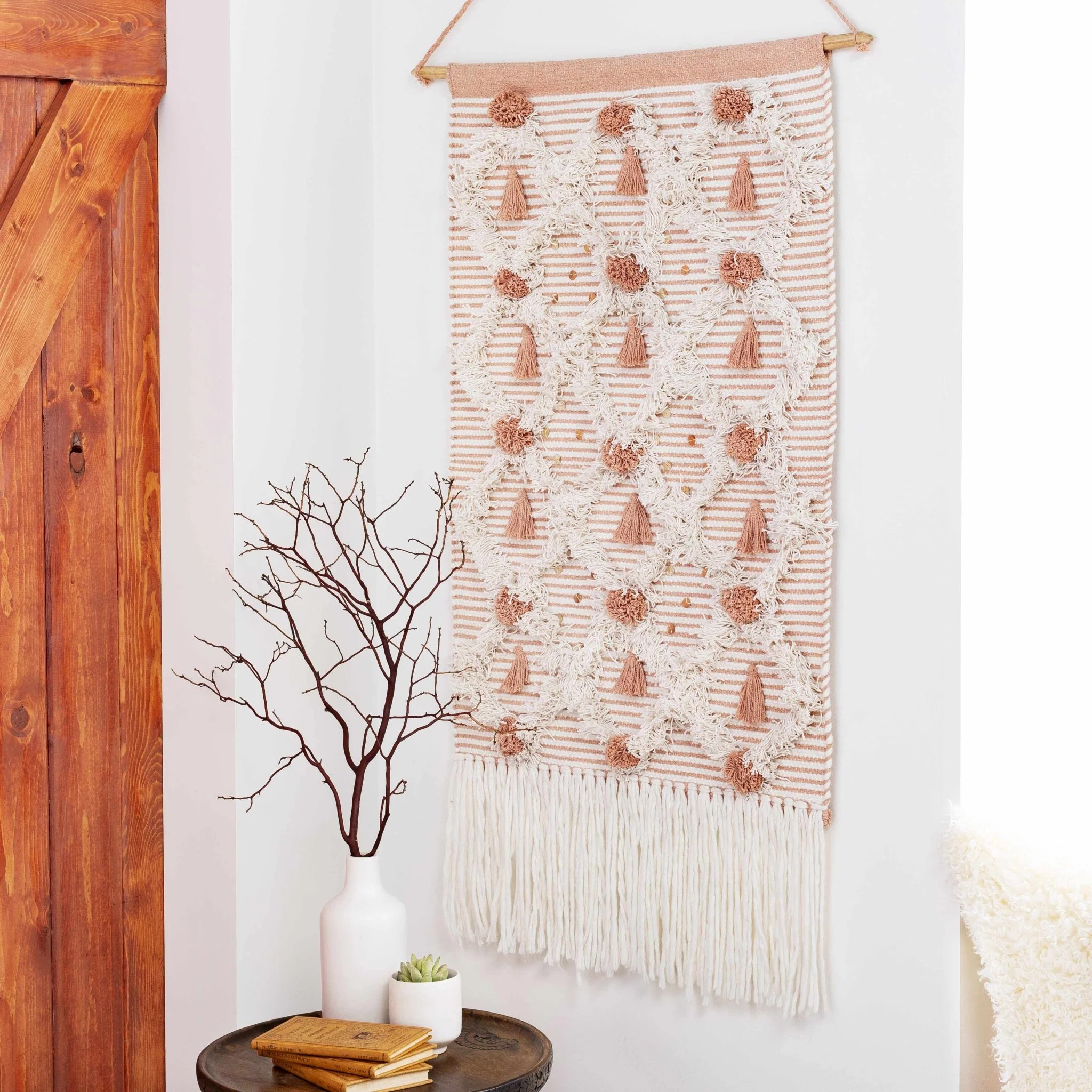 Hand Woven Peach and Ivory Modern Geometrical High Low Texture Wall Hanging - Image 2