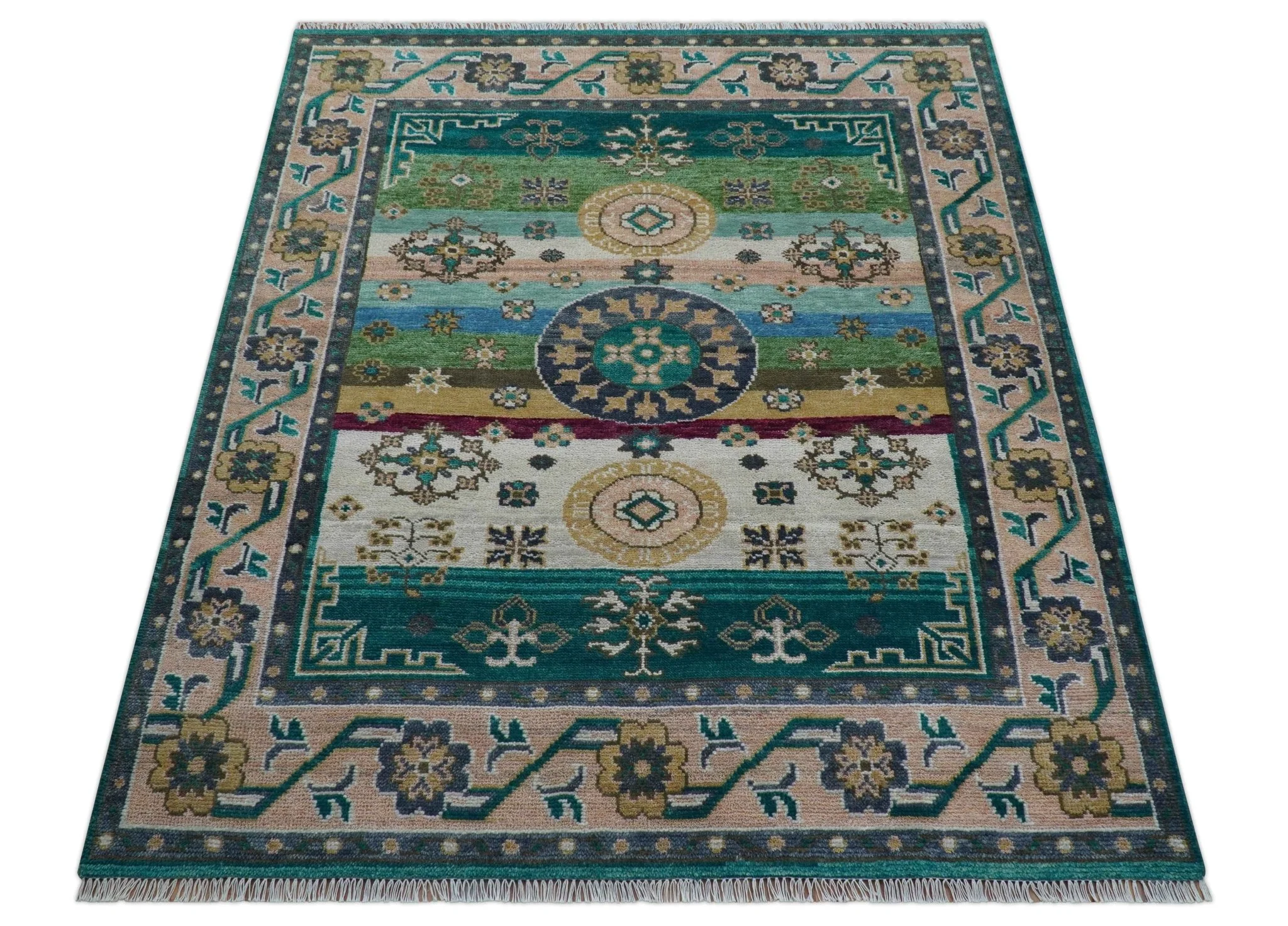 Ready to Ship Peach And Teal Traditional Hand Knotted 8x10 Wool Rug - Image 11