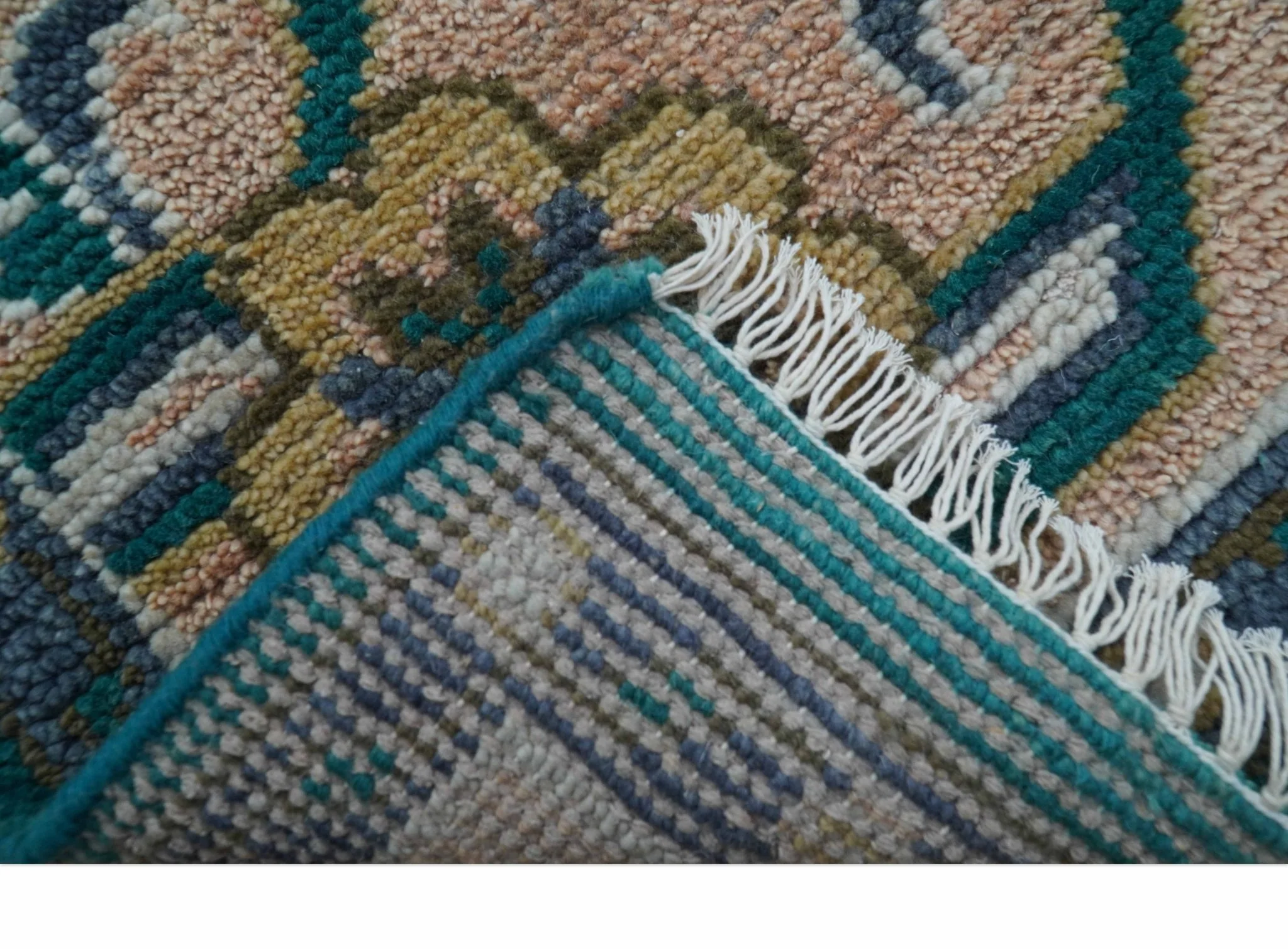 Ready to Ship Peach And Teal Traditional Hand Knotted 8x10 Wool Rug - Image 6