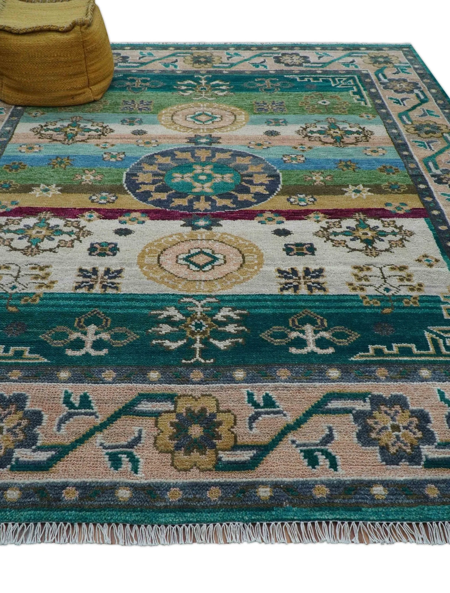 Ready to Ship Peach And Teal Traditional Hand Knotted 8x10 Wool Rug - Image 9