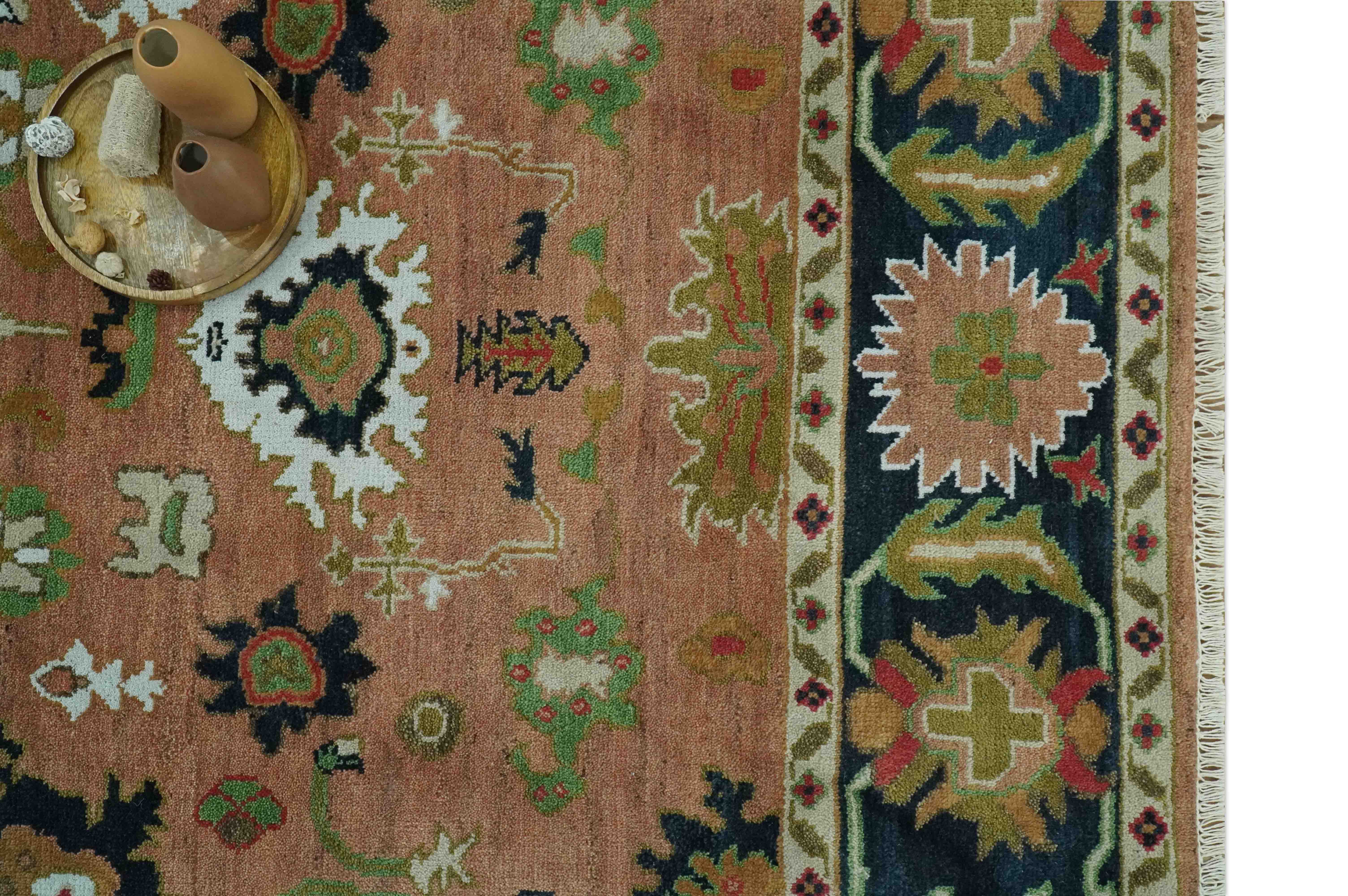 Peach, Blue and Green Traditional Oushak hand knotted 8x10 wool area rug - Image 12