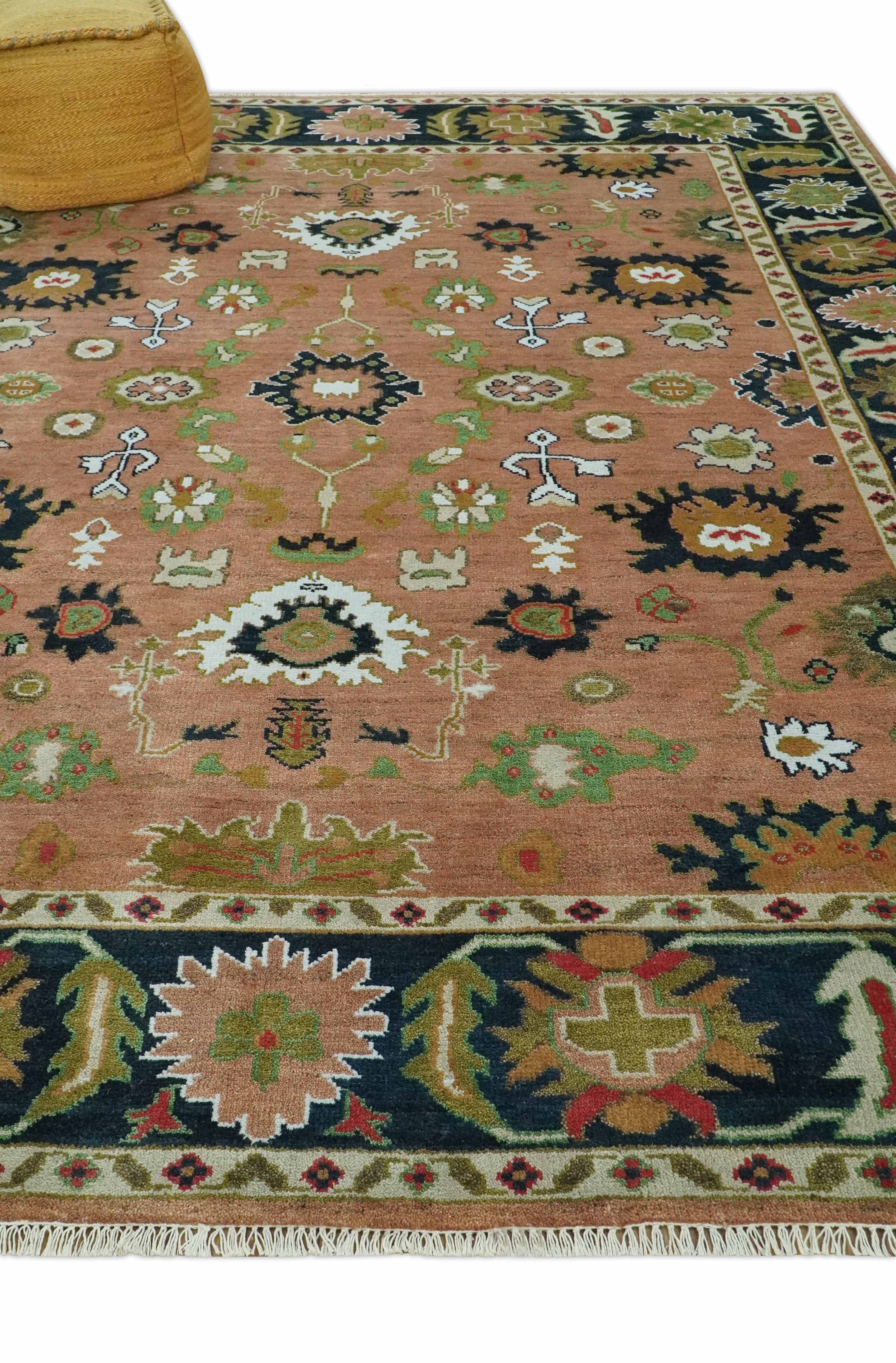 Peach, Blue and Green Traditional Oushak hand knotted 8x10 wool area rug - Image 3