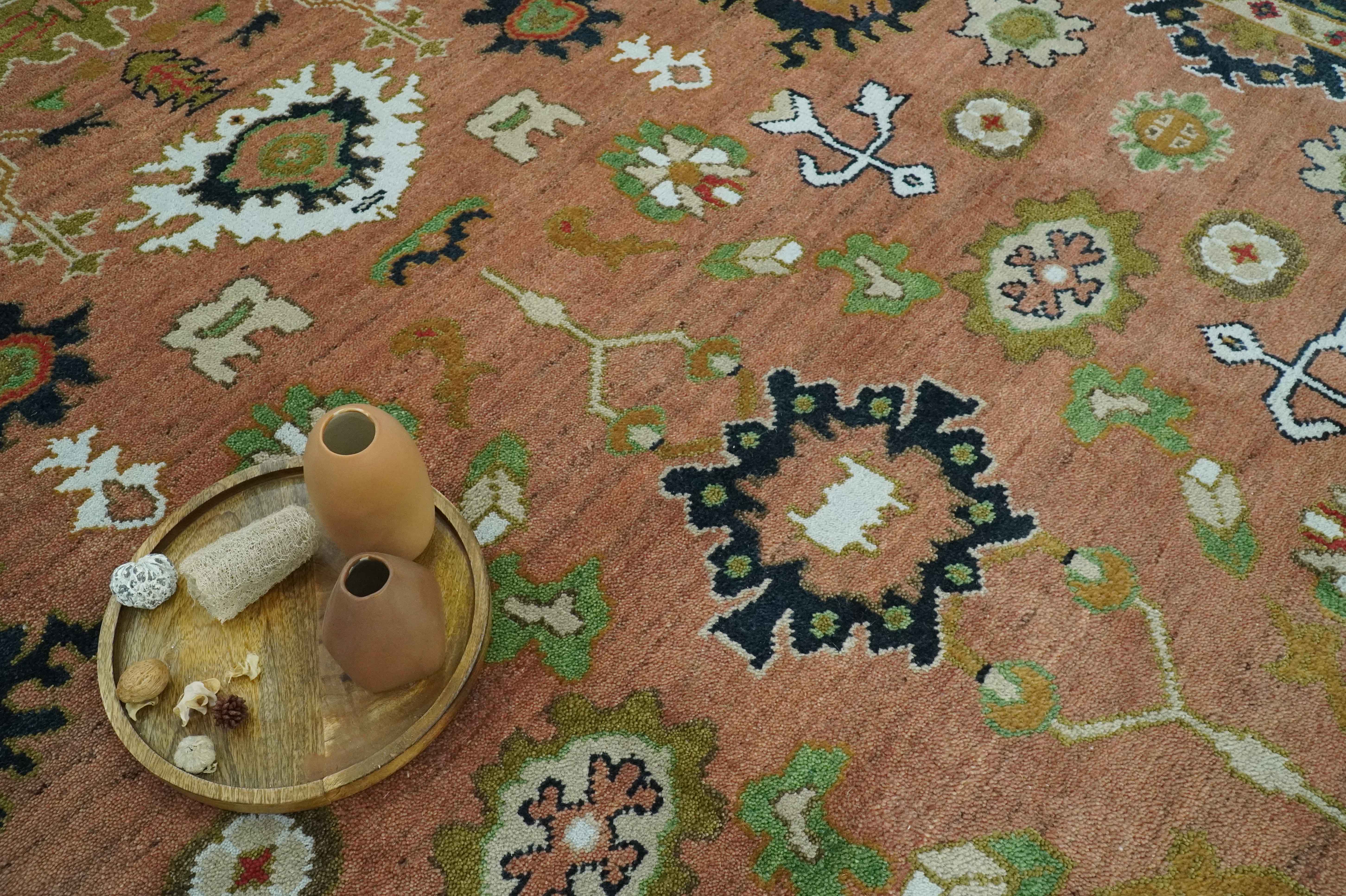 Peach, Blue and Green Traditional Oushak hand knotted 8x10 wool area rug - Image 7