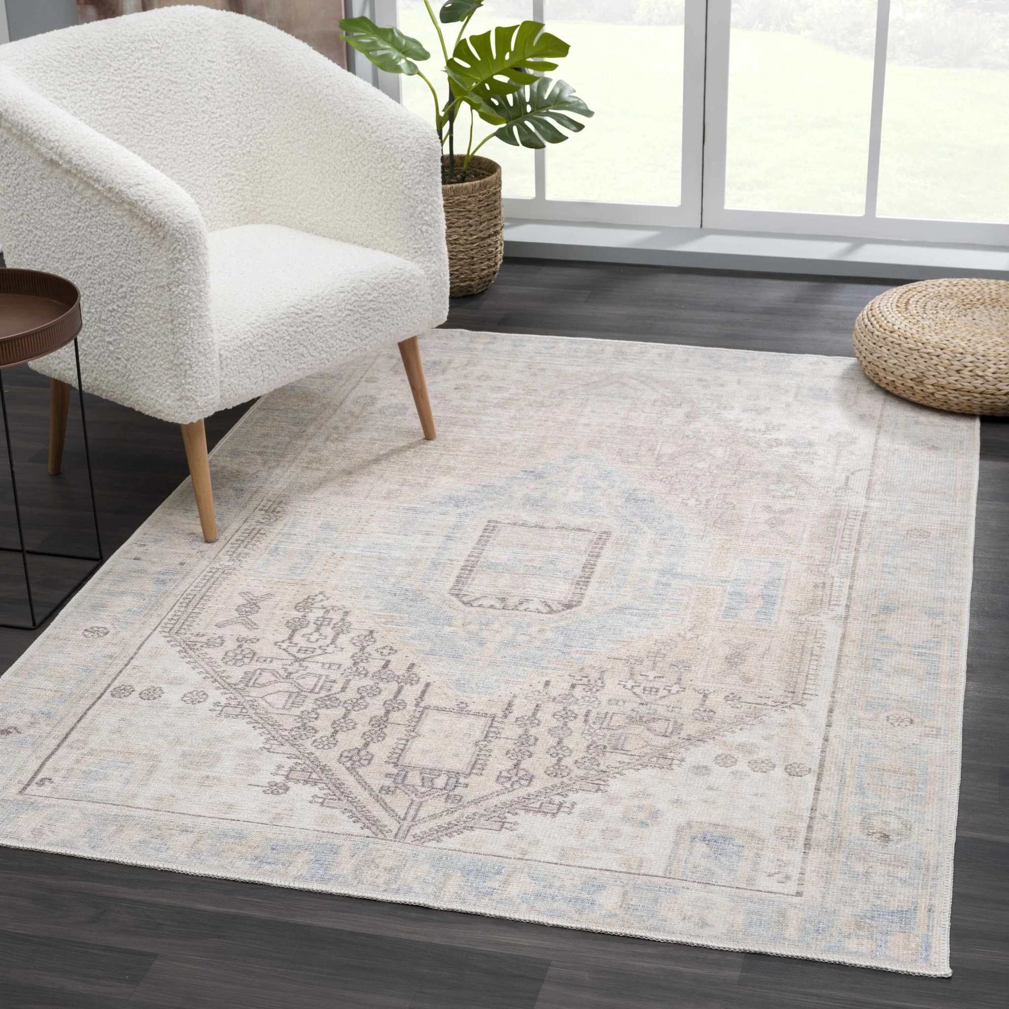 Peach, Blue, Brown and Beige Traditional Vintage Style Machine Washable Area Rug - Image 14