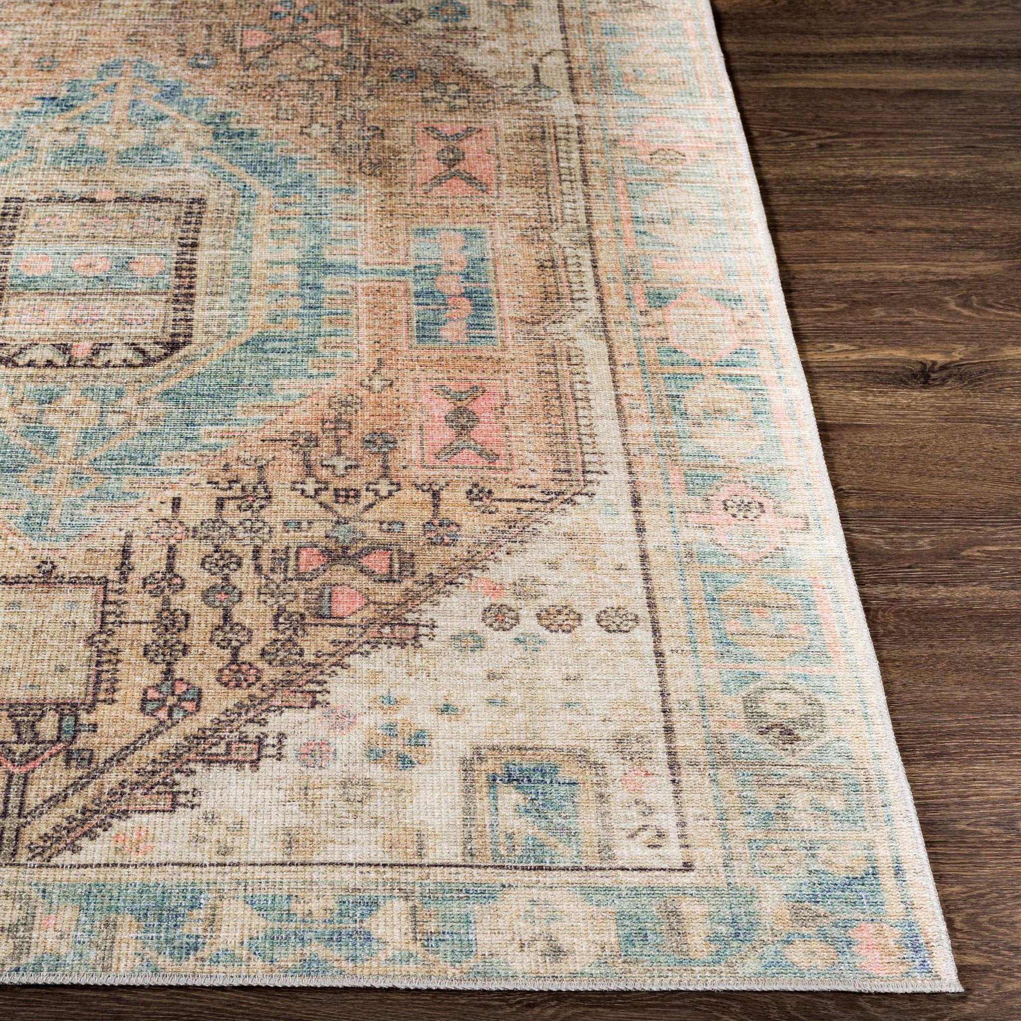 Peach, Blue, Brown and Beige Traditional Vintage Style Machine Washable Area Rug - Image 17