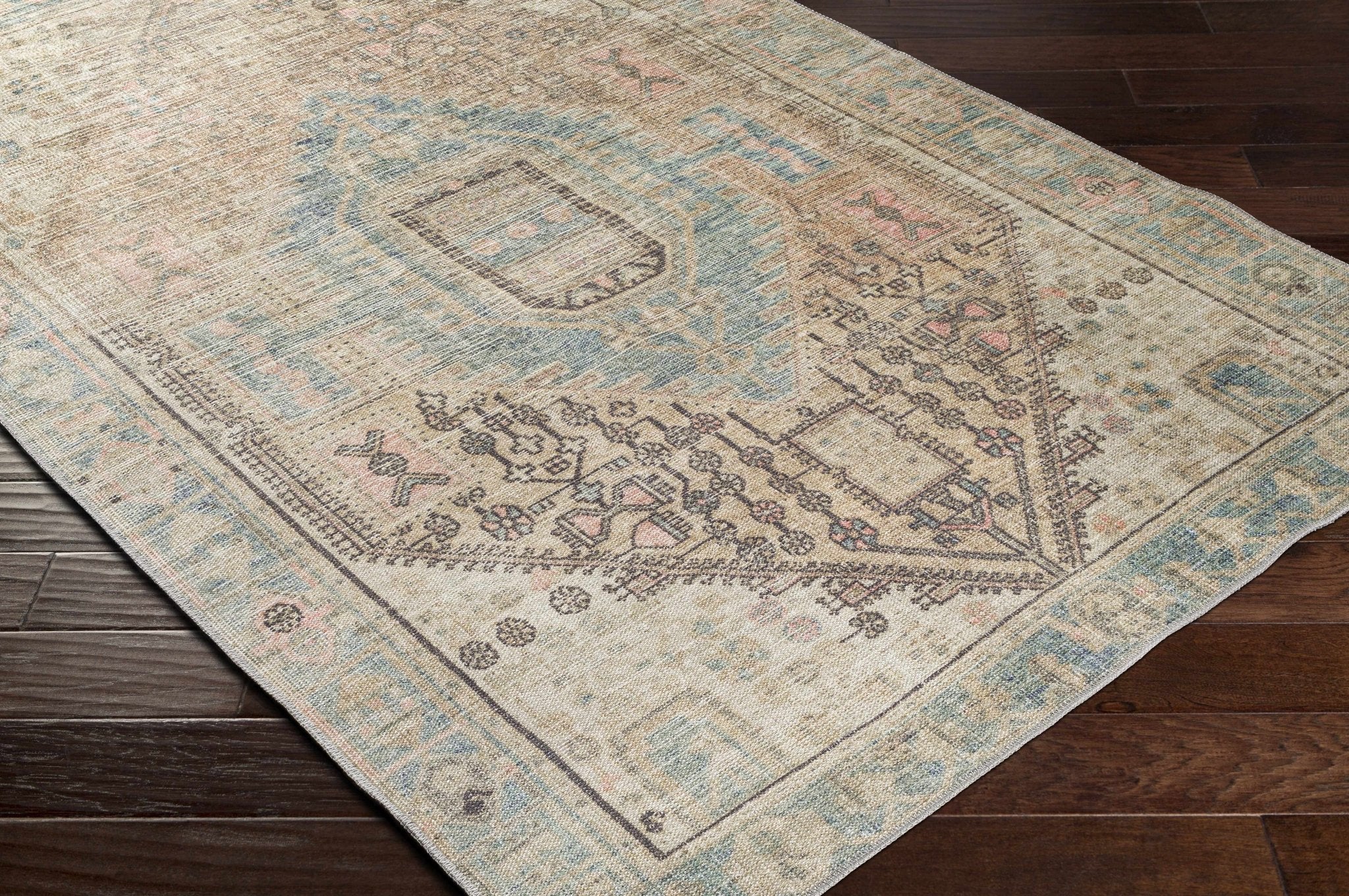 Peach, Blue, Brown and Beige Traditional Vintage Style Machine Washable Area Rug - Image 18