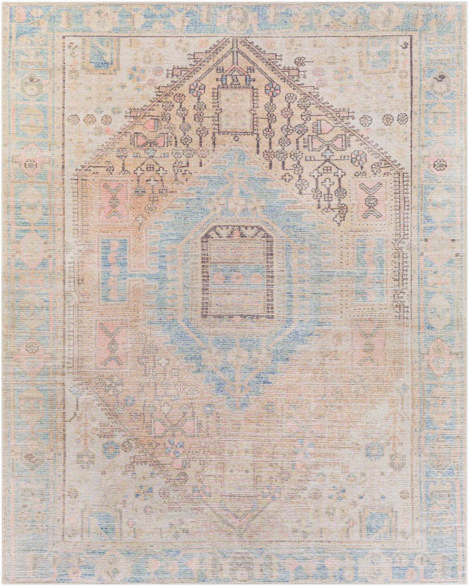 Peach, Blue, Brown and Beige Traditional Vintage Style Machine Washable Area Rug - Image 20