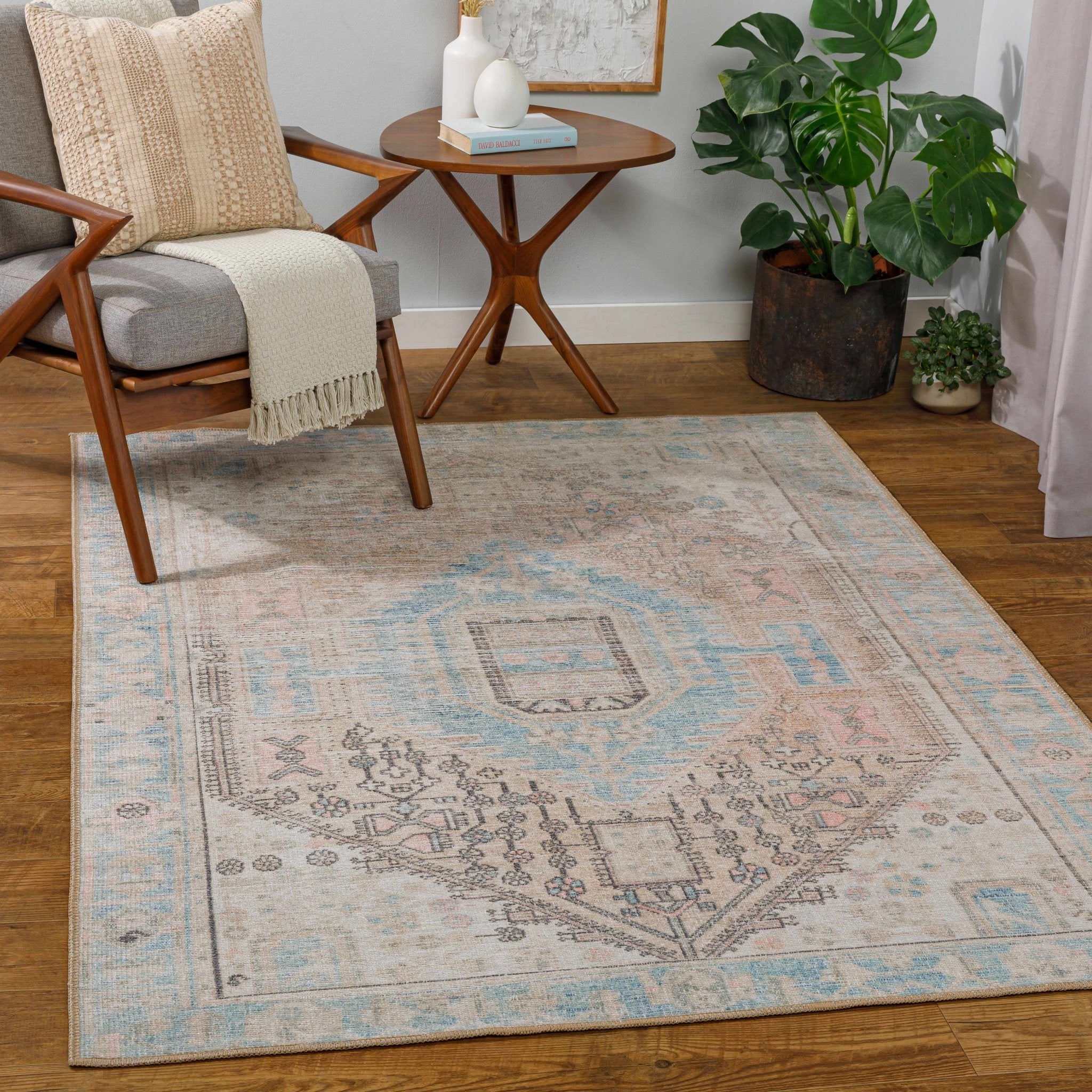 Peach, Blue, Brown and Beige Traditional Vintage Style Machine Washable Area Rug - Image 21