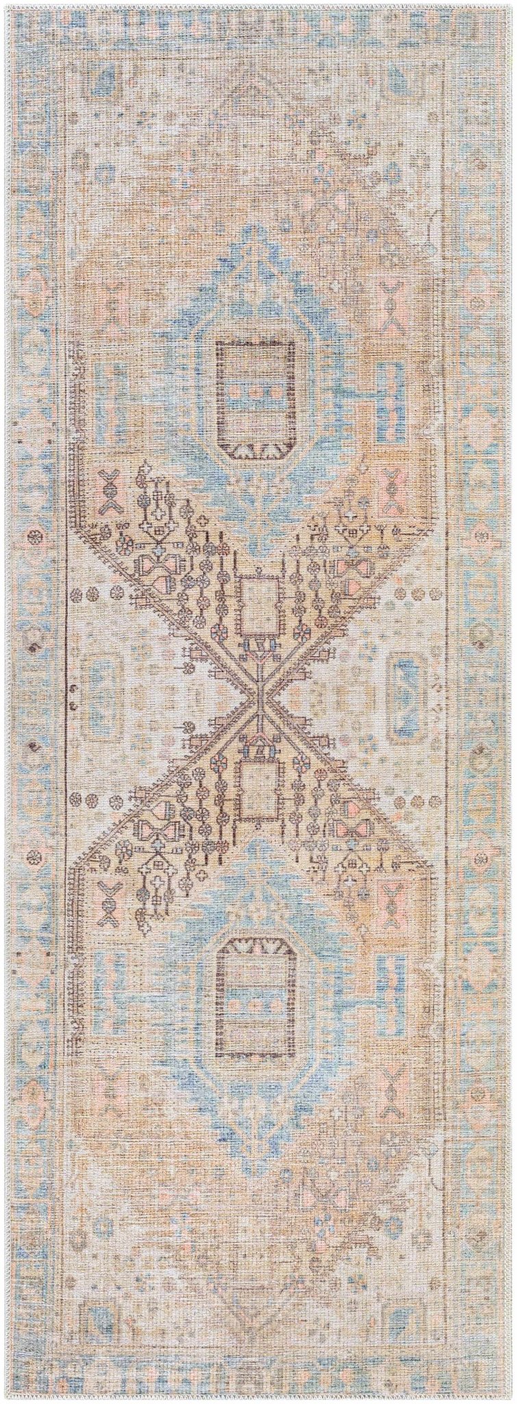 Peach, Blue, Brown and Beige Traditional Vintage Style Machine Washable Area Rug - Image 24