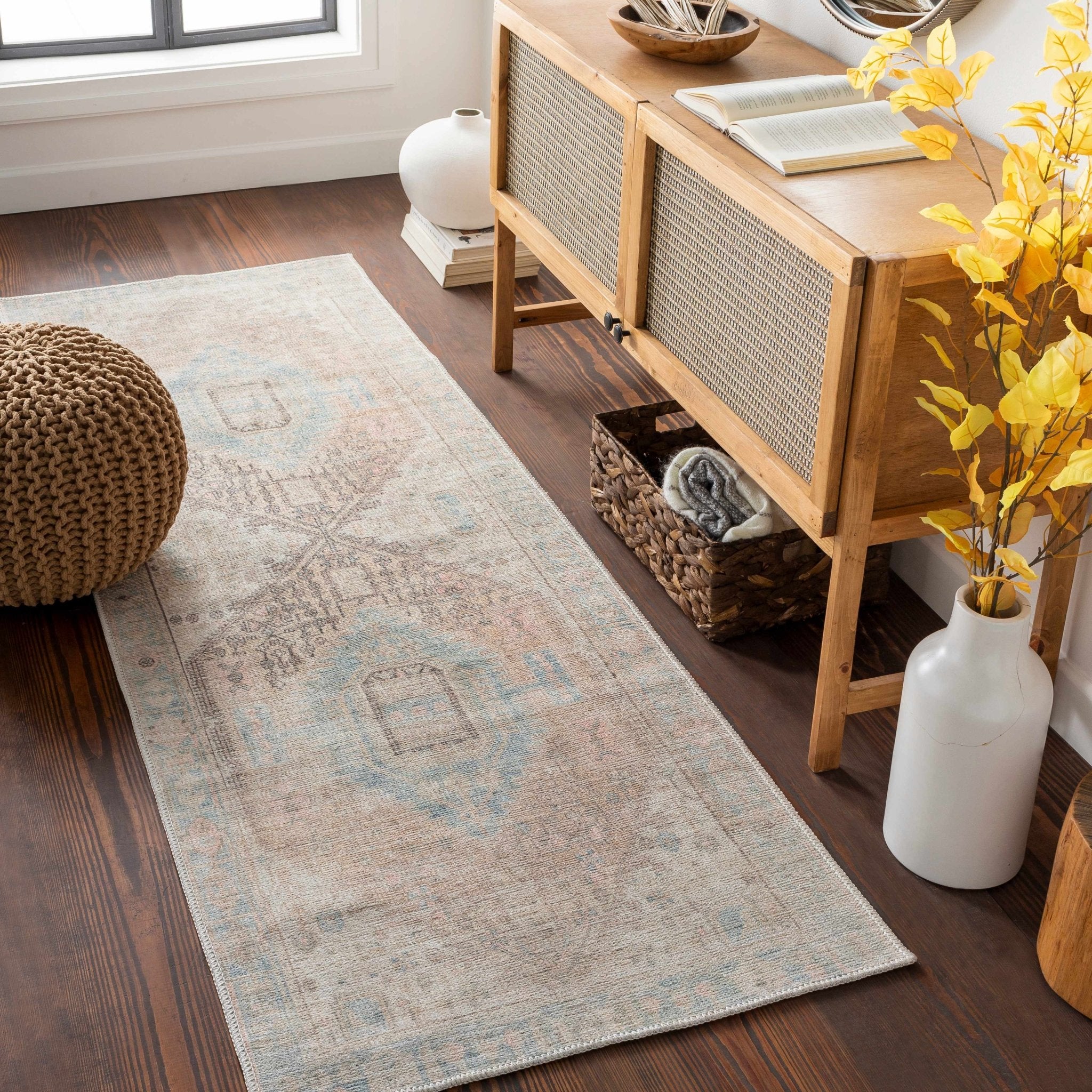 Peach, Blue, Brown and Beige Traditional Vintage Style Machine Washable Area Rug - Image 5