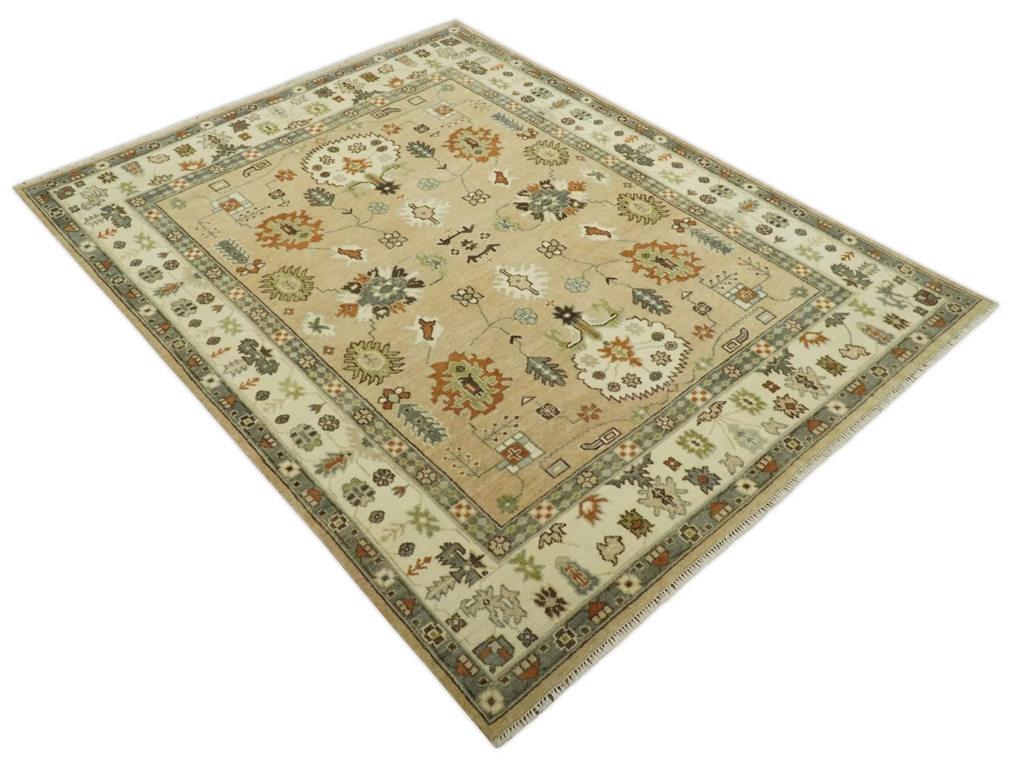 8x10 Camel, Ivory and Gray Hand knotted Oriental Oushak wool area rug - Image 10