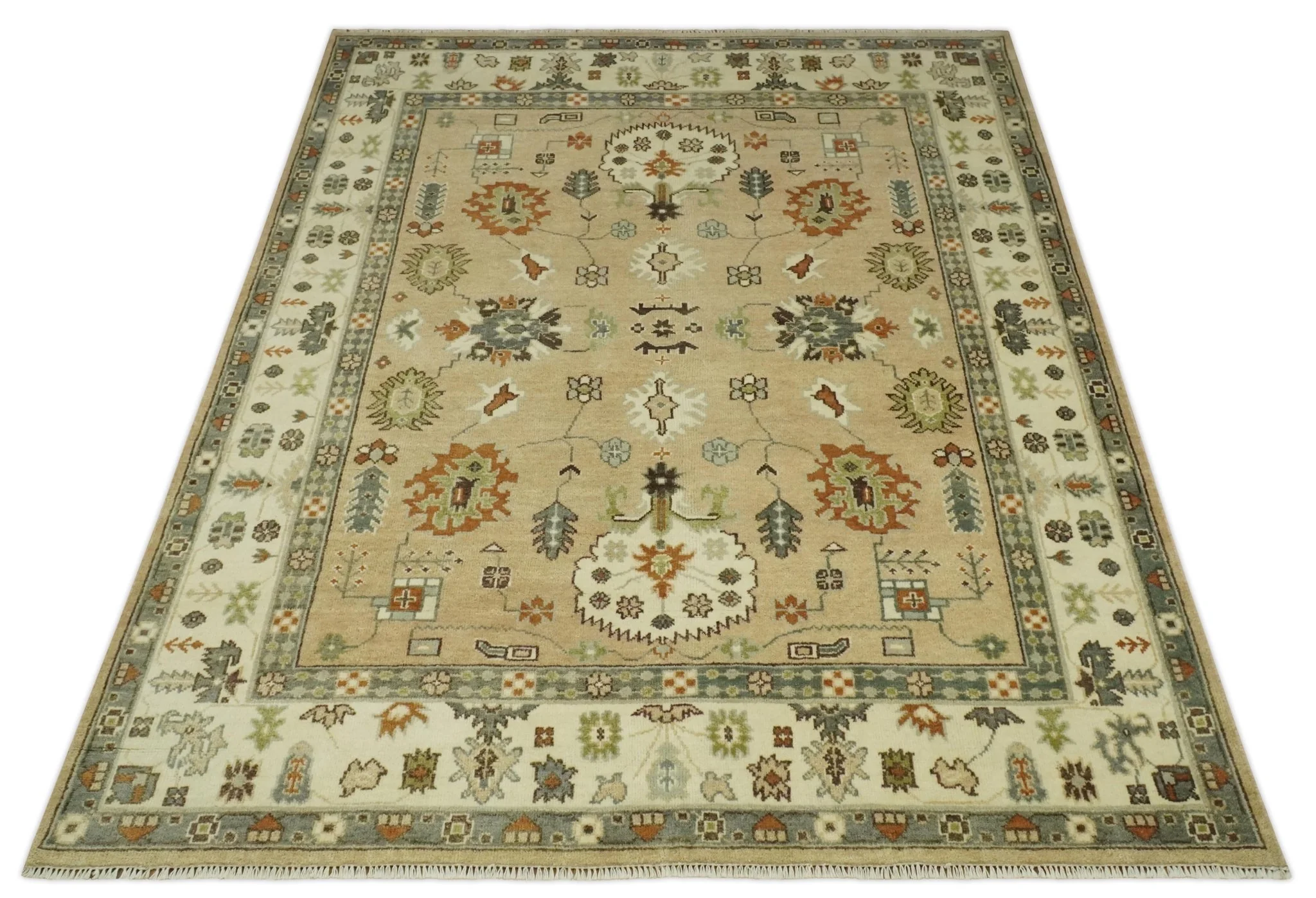 8x10 Camel, Ivory and Gray Hand knotted Oriental Oushak wool area rug - Image 11