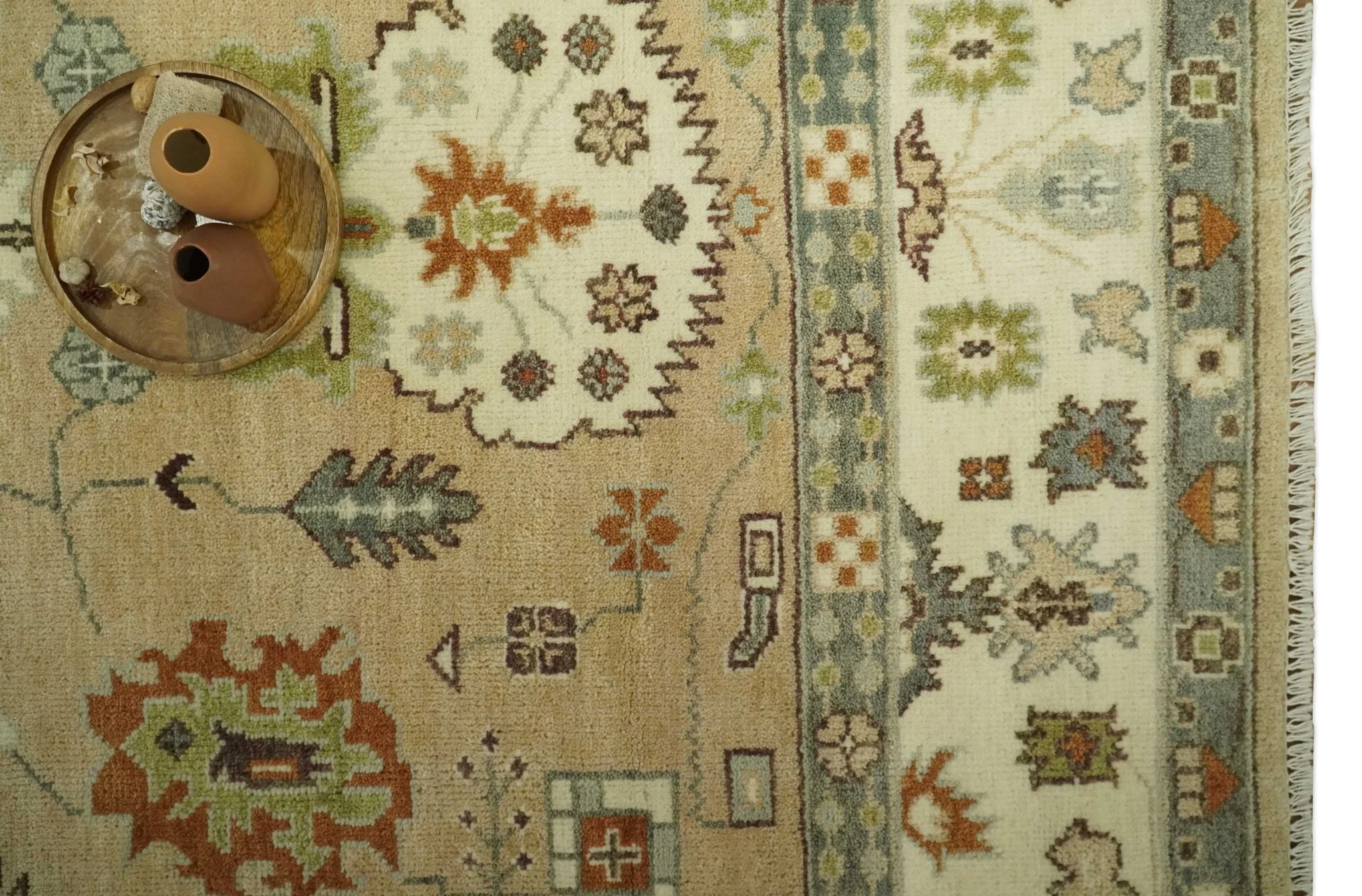 8x10 Camel, Ivory and Gray Hand knotted Oriental Oushak wool area rug - Image 12
