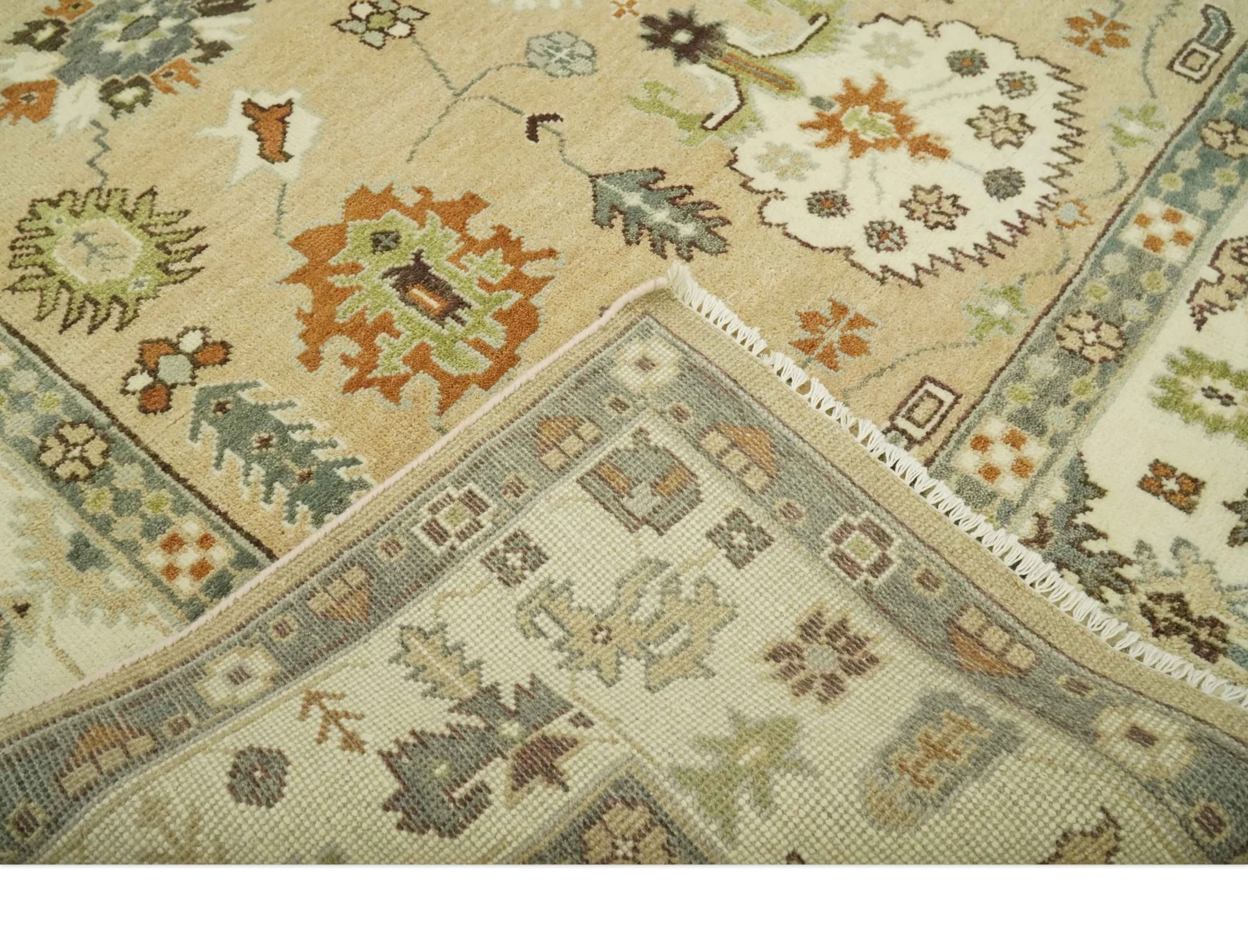 8x10 Camel, Ivory and Gray Hand knotted Oriental Oushak wool area rug - Image 6