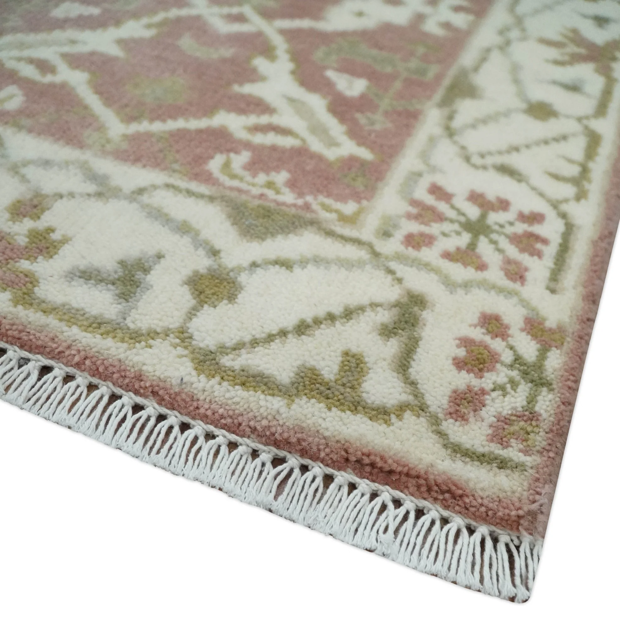 Peach, Ivory and Olive hand knotted 2x3 Oriental Oushak Wool Area Rug - Image 3