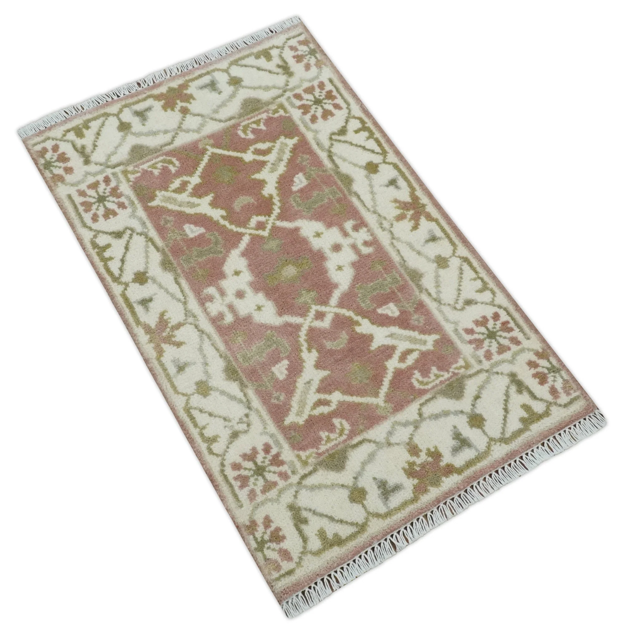 Peach, Ivory and Olive hand knotted 2x3 Oriental Oushak Wool Area Rug - Image 6