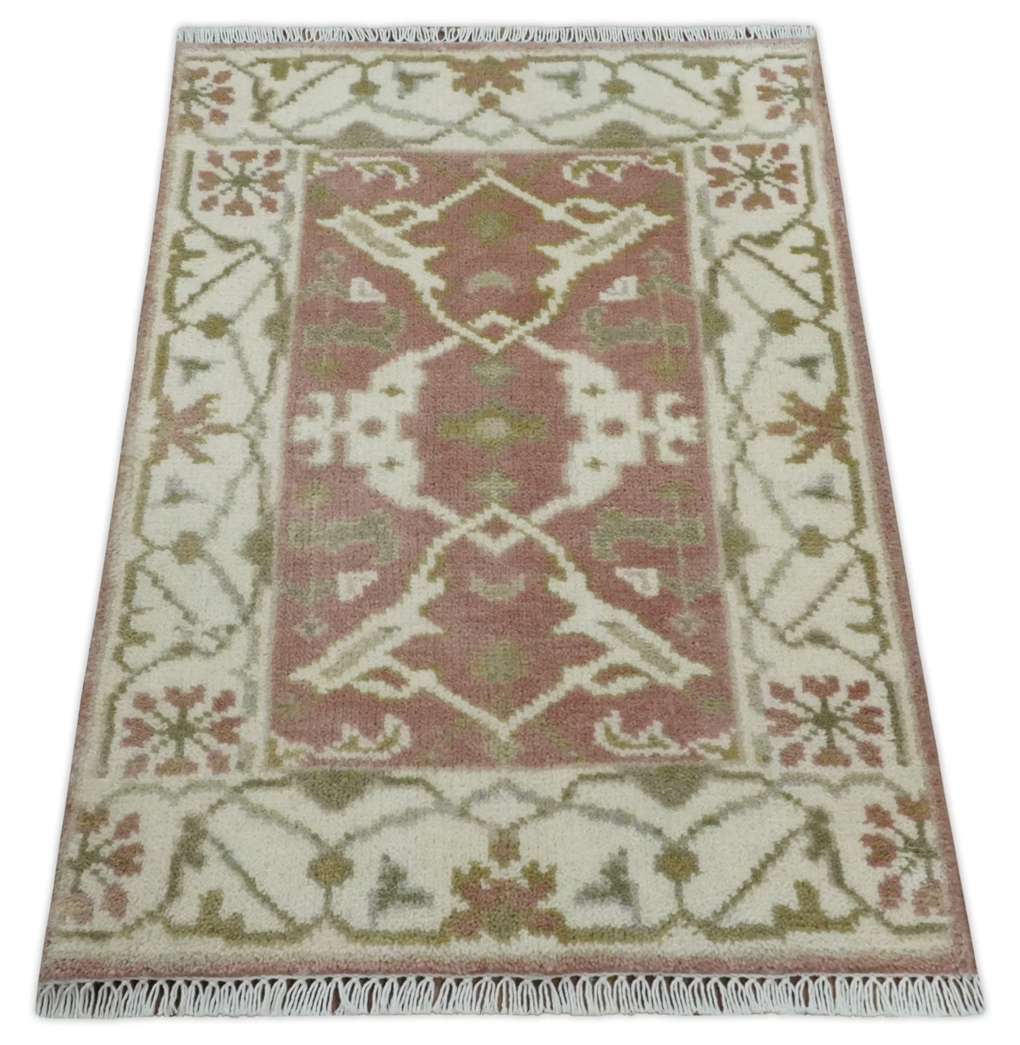 Peach, Ivory and Olive hand knotted 2x3 Oriental Oushak Wool Area Rug - Image 7