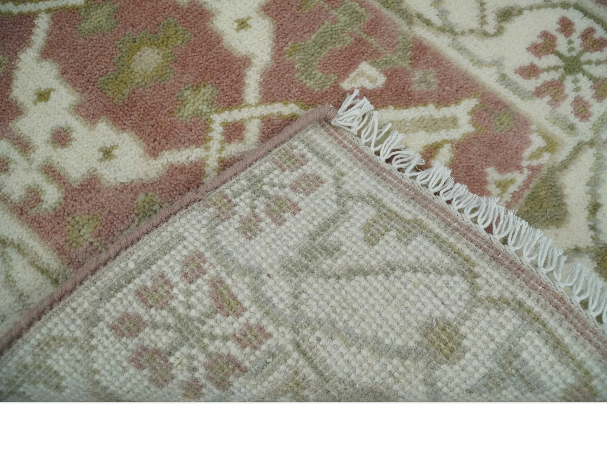 Peach, Ivory and Olive hand knotted 2x3 Oriental Oushak Wool Area Rug - Image 8
