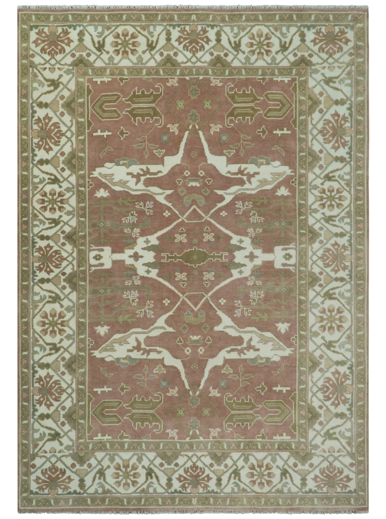 Peach, Ivory and Olive Hand knotted Multi size Oriental Oushak Traditional Wool Area Rug - Image 10
