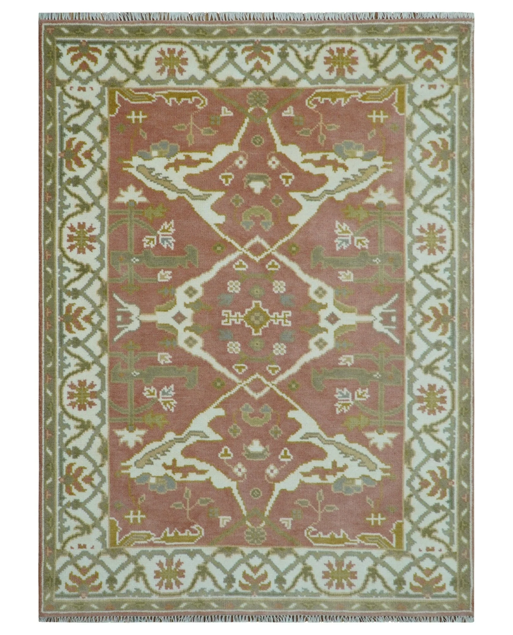 Peach, Ivory and Olive Hand knotted Multi size Oriental Oushak Traditional Wool Area Rug - Image 11