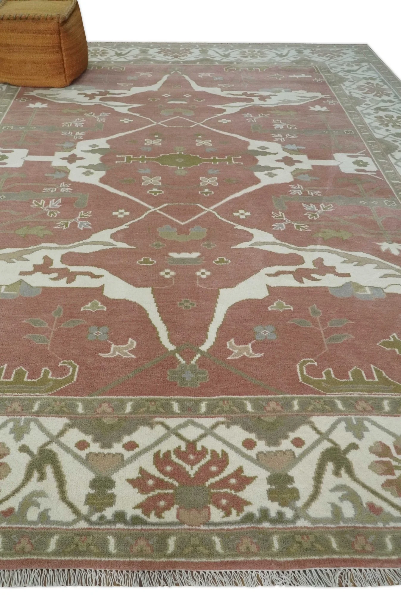 Peach, Ivory and Olive Hand knotted Multi size Oriental Oushak Traditional Wool Area Rug - Image 3