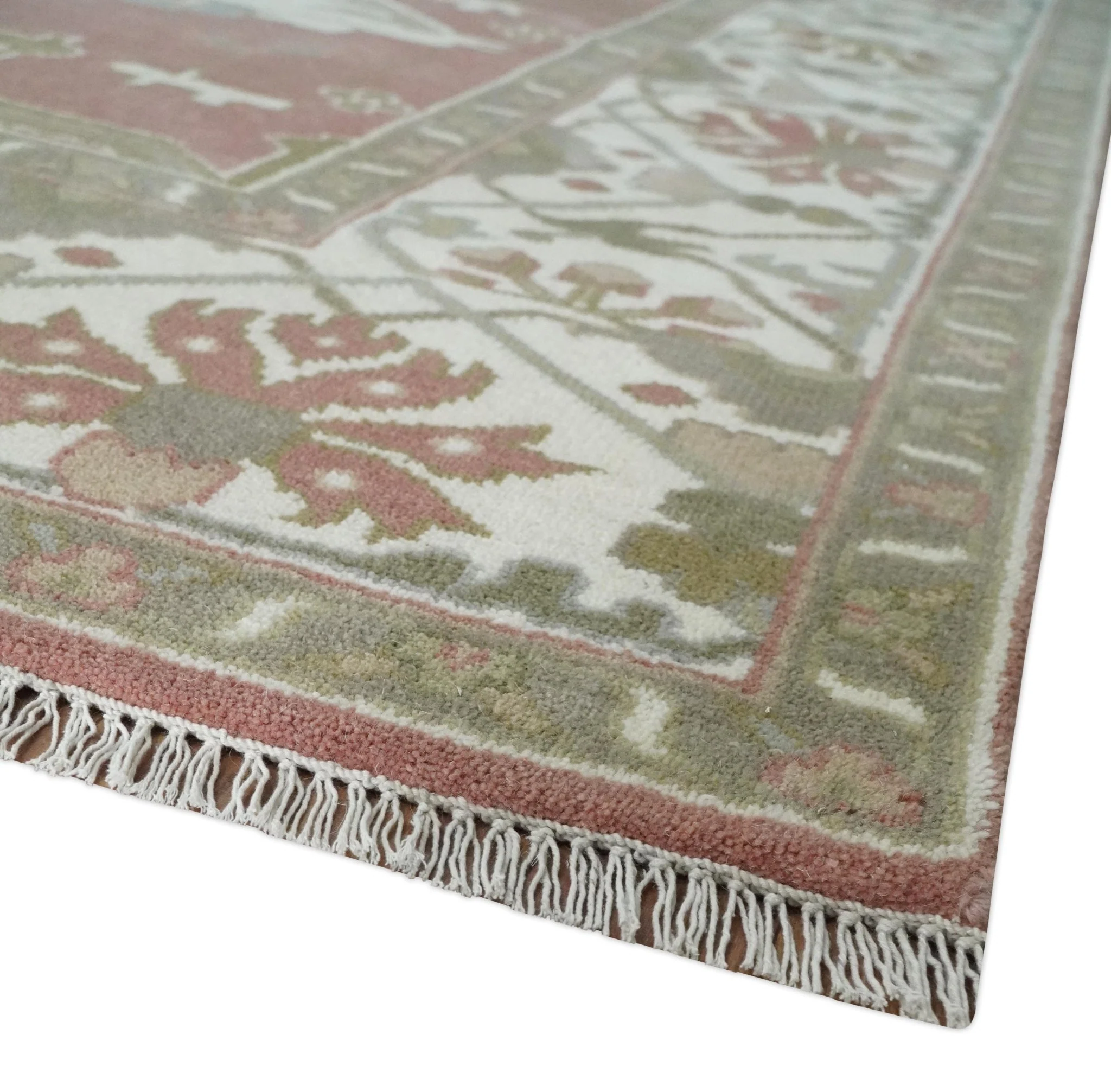 Peach, Ivory and Olive Hand knotted Multi size Oriental Oushak Traditional Wool Area Rug - Image 5