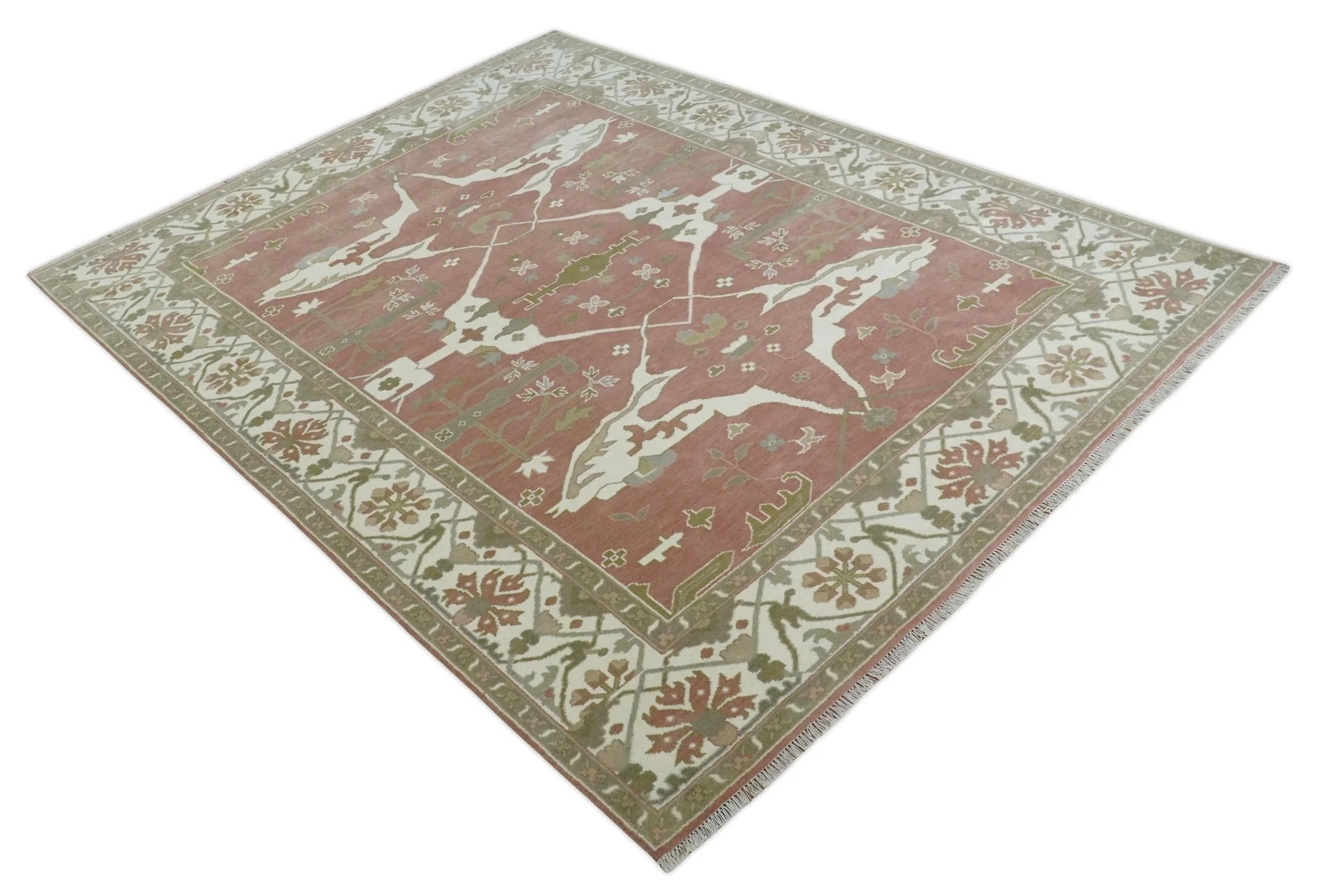 Peach, Ivory and Olive Hand knotted Multi size Oriental Oushak Traditional Wool Area Rug - Image 8