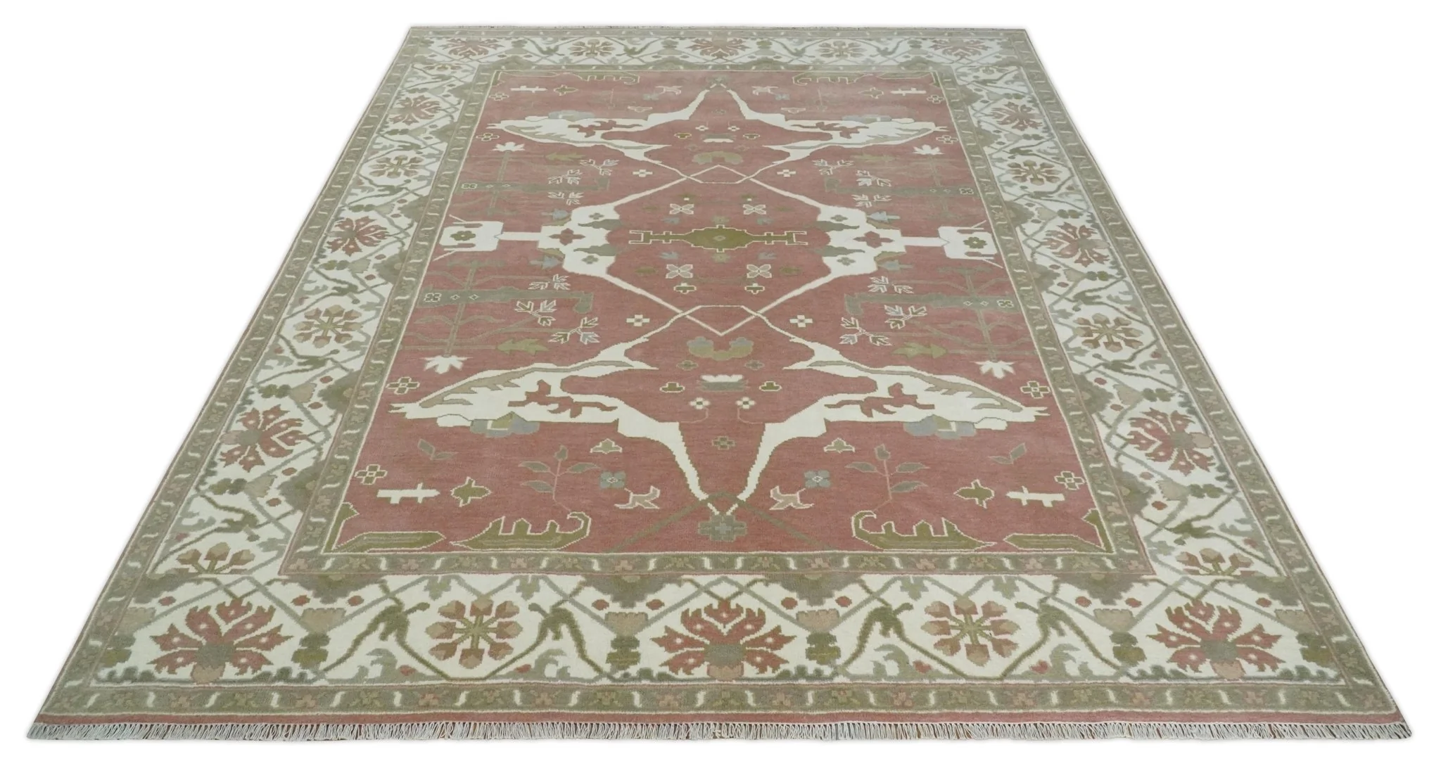 Peach, Ivory and Olive Hand knotted Multi size Oriental Oushak Traditional Wool Area Rug - Image 9