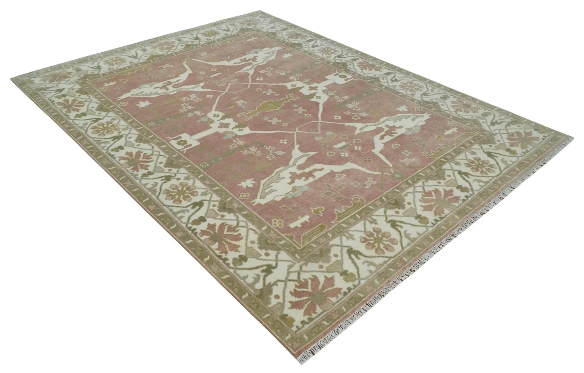 Peach, Ivory and Olive Hand knotted 8x10 and 9x12 Oriental Oushak Traditional Wool Area Rug, Kids, Living Room and Bedroom Rug - Image 10