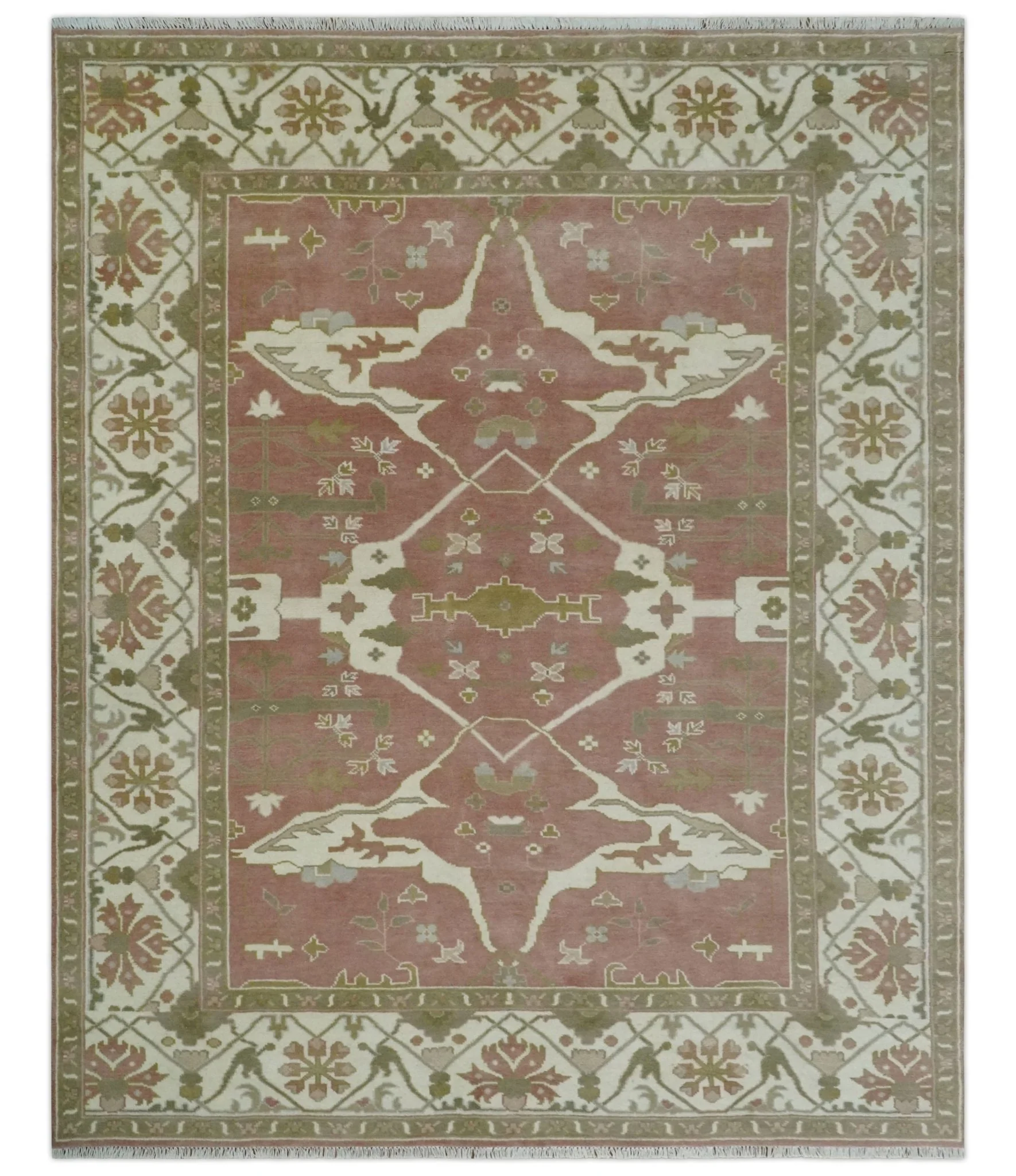 Peach, Ivory and Olive Hand knotted 8x10 and 9x12 Oriental Oushak Traditional Wool Area Rug, Kids, Living Room and Bedroom Rug - Image 11
