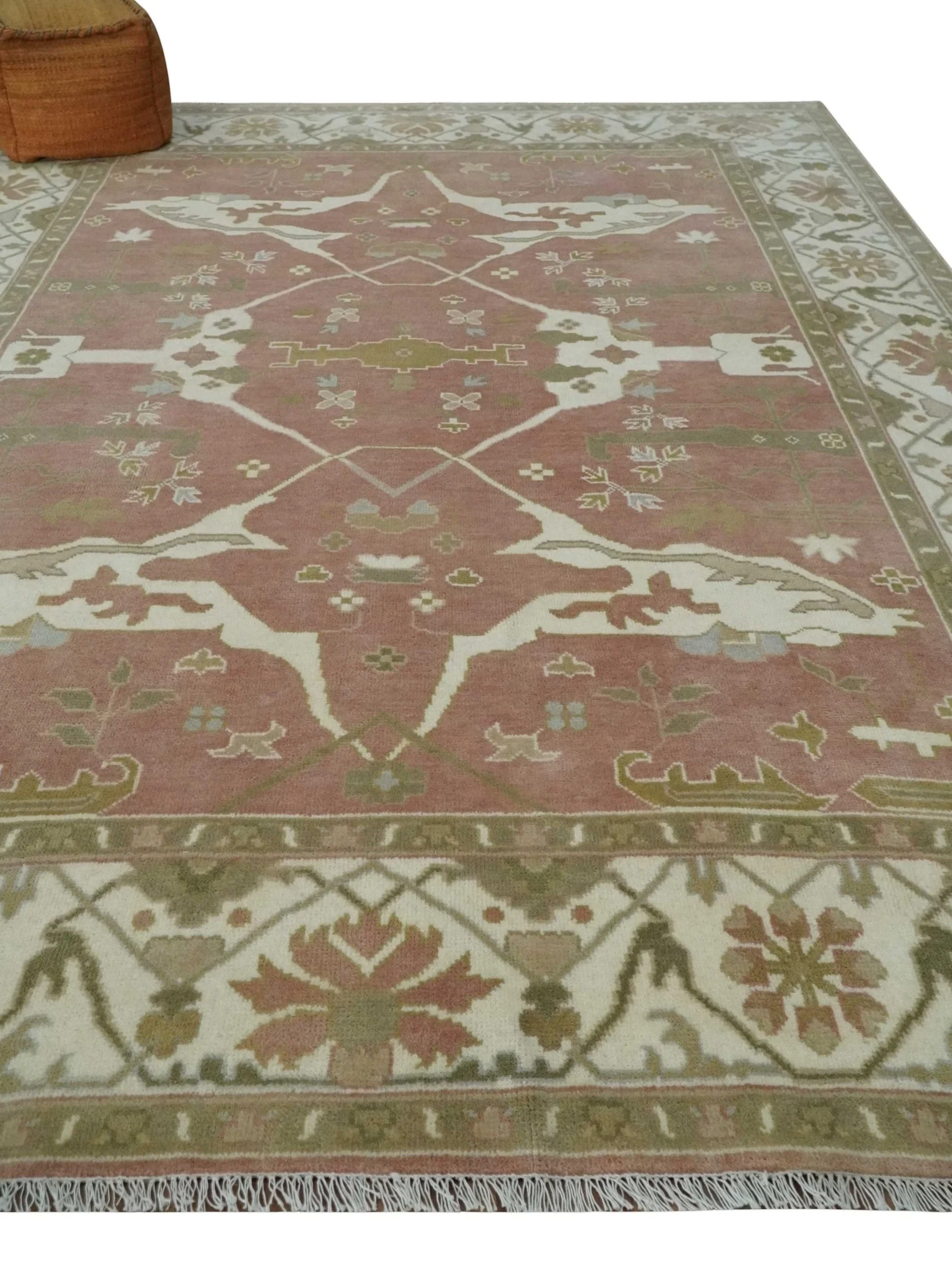 Peach, Ivory and Olive Hand knotted 8x10 and 9x12 Oriental Oushak Traditional Wool Area Rug, Kids, Living Room and Bedroom Rug - Image 3